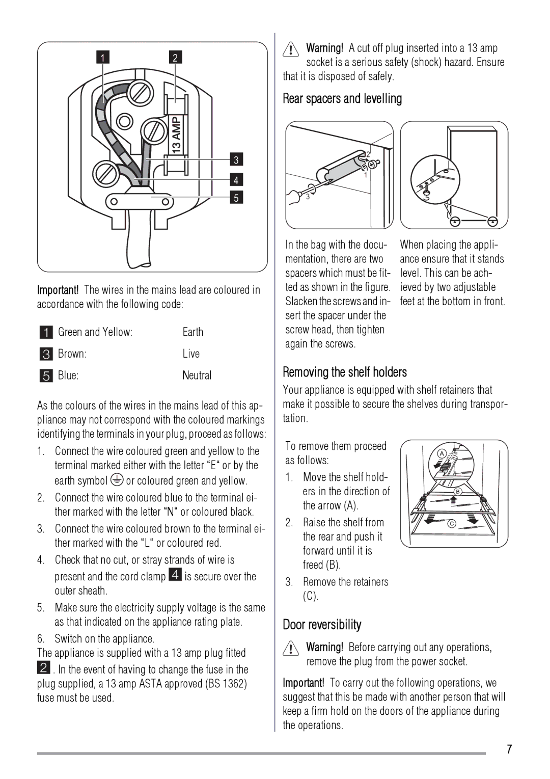 Zanussi ZRB634FW, ZRB632FW user manual Rear spacers and levelling, Removing the shelf holders, Door reversibility 