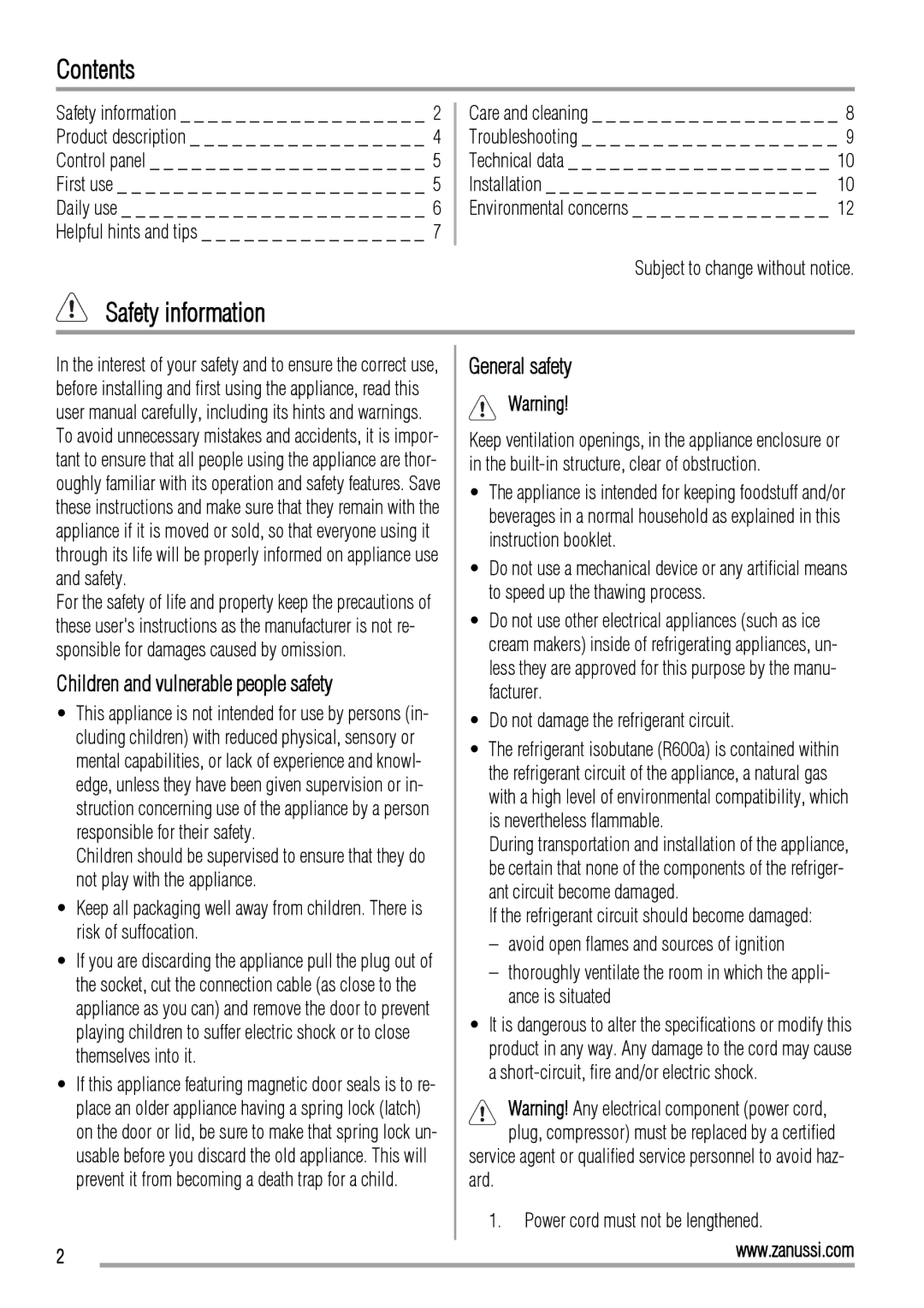 Zanussi ZRB934FX2, ZRB934FW2 manual Contents, Safety information 