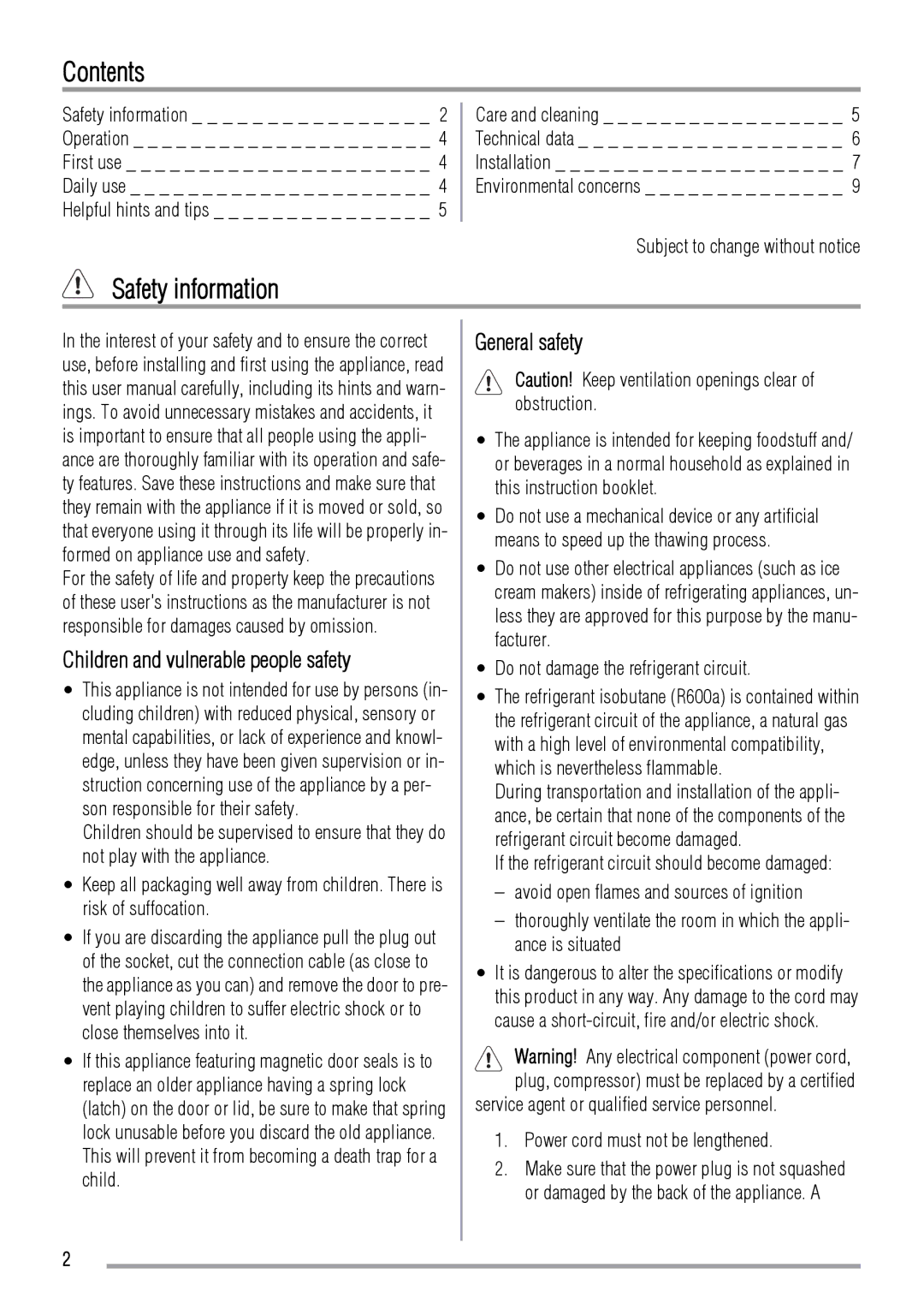 Zanussi ZRB934PW, ZRB934XL user manual Contents, Safety information 