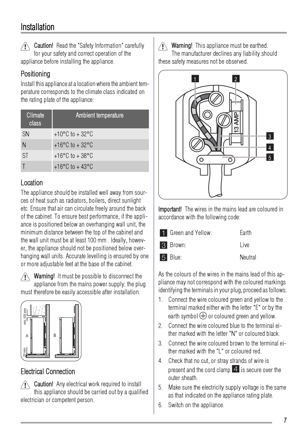 Zanussi ZRB934XL, ZRB934PW user manual Installation, Positioning, Location, Electrical Connection 