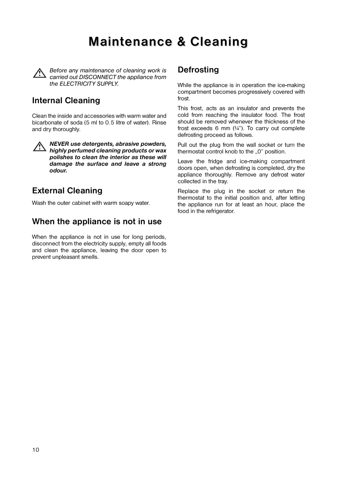 Zanussi ZRC 077W manual Maintenance & Cleaning, Internal Cleaning, External Cleaning, Defrosting 