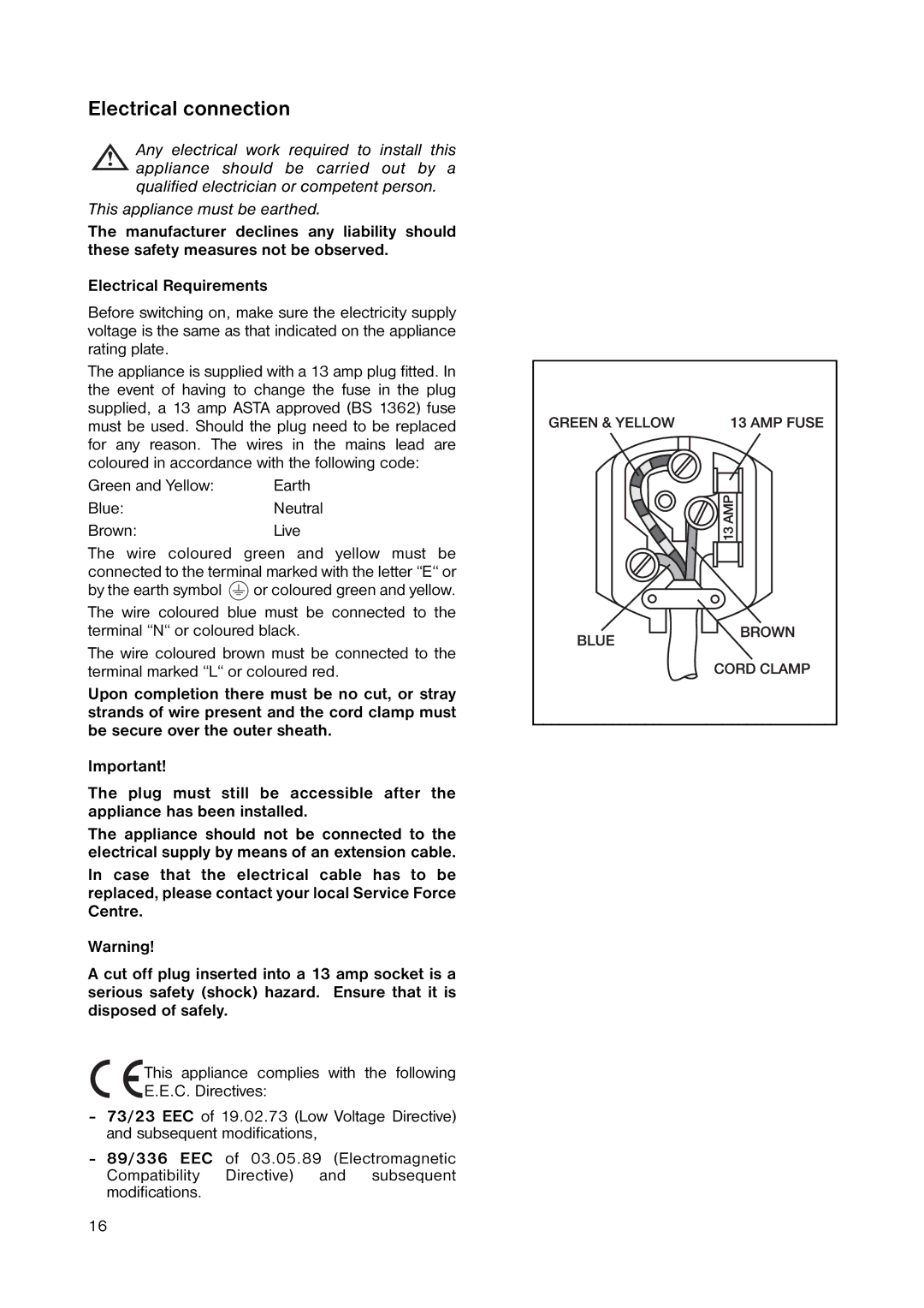 Zanussi ZRC 077W manual Electrical connection, Green and Yellow, BlueNeutral BrownLive 