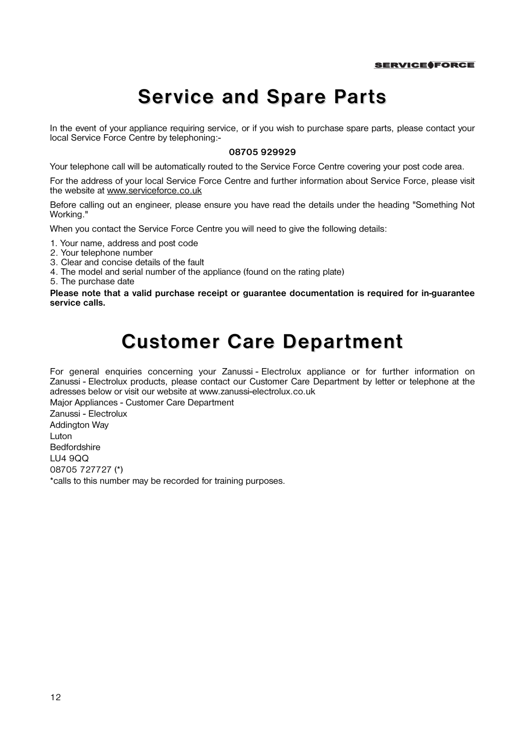 Zanussi ZRC 243W manual Service and Spare Parts, Customer Care Department, 08705 