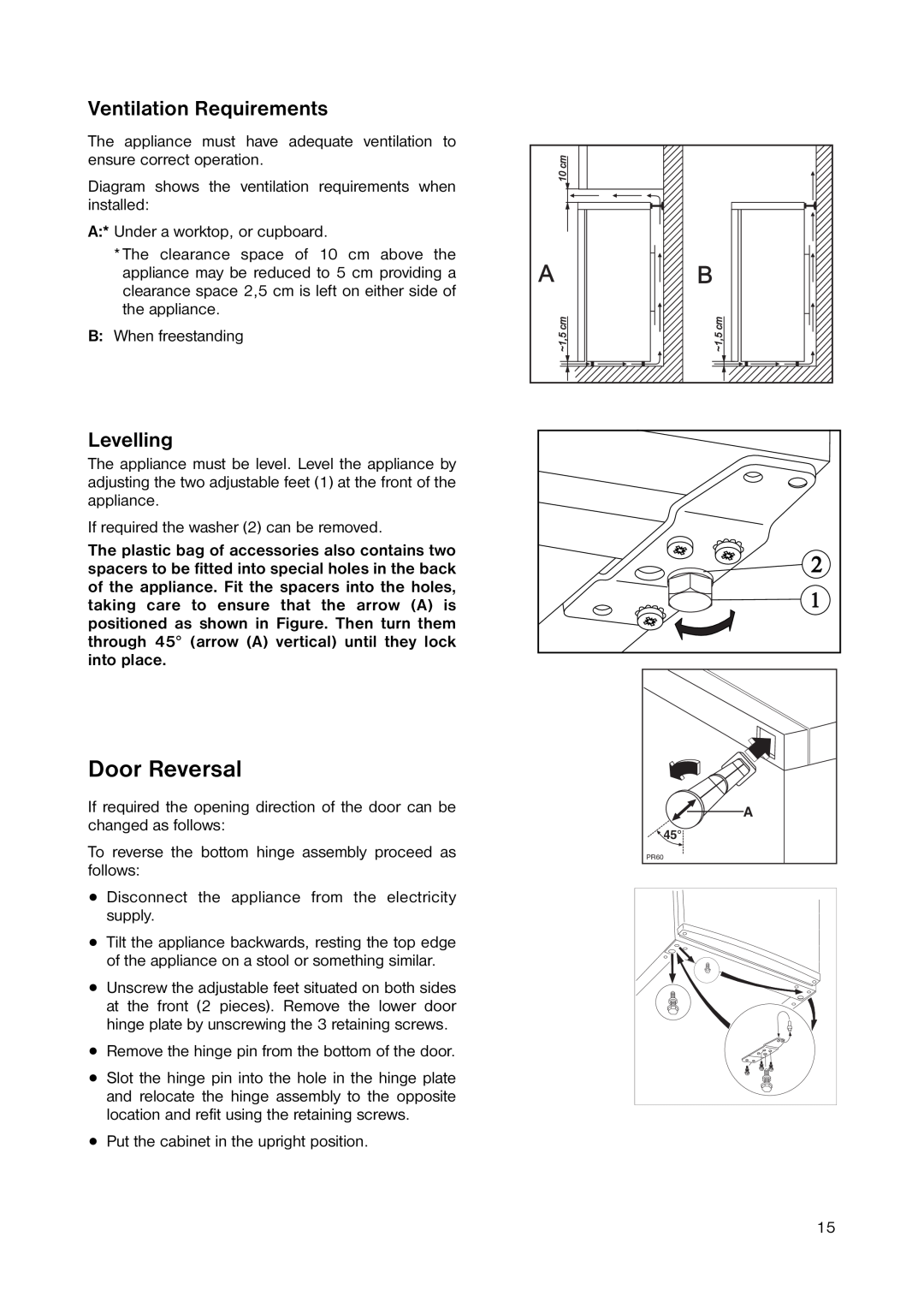 Zanussi ZRC 243W manual Door Reversal, Ventilation Requirements, Levelling 