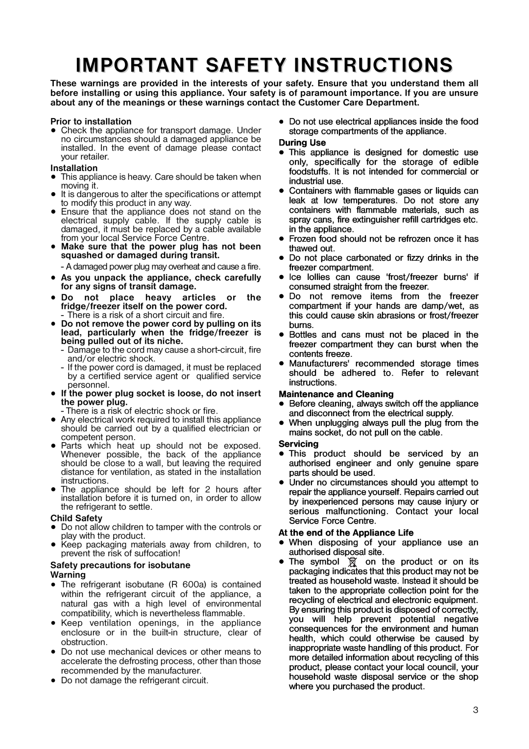 Zanussi ZRC 243W manual Important Safety Instructions 