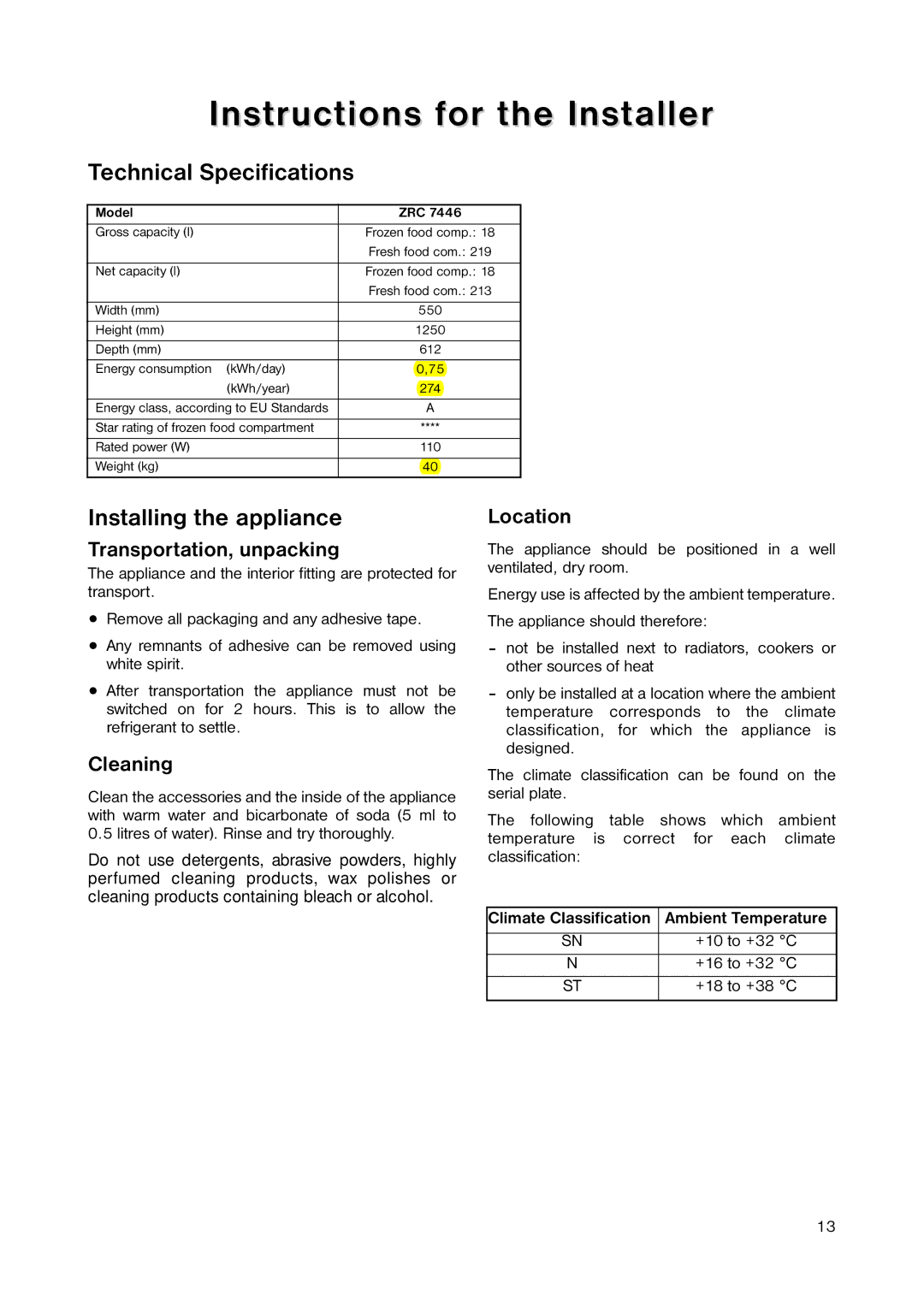 Zanussi ZRC 7446 manual Instructions for the Installer, Technical Specifications, Installing the appliance 