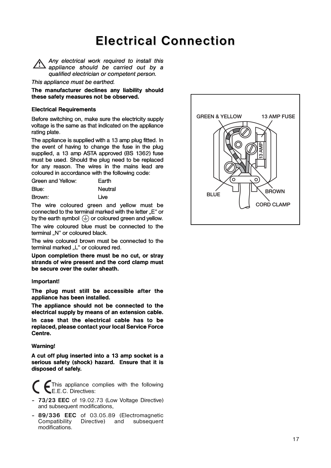 Zanussi ZRC 7446 manual Electrical Connection, This appliance must be earthed 