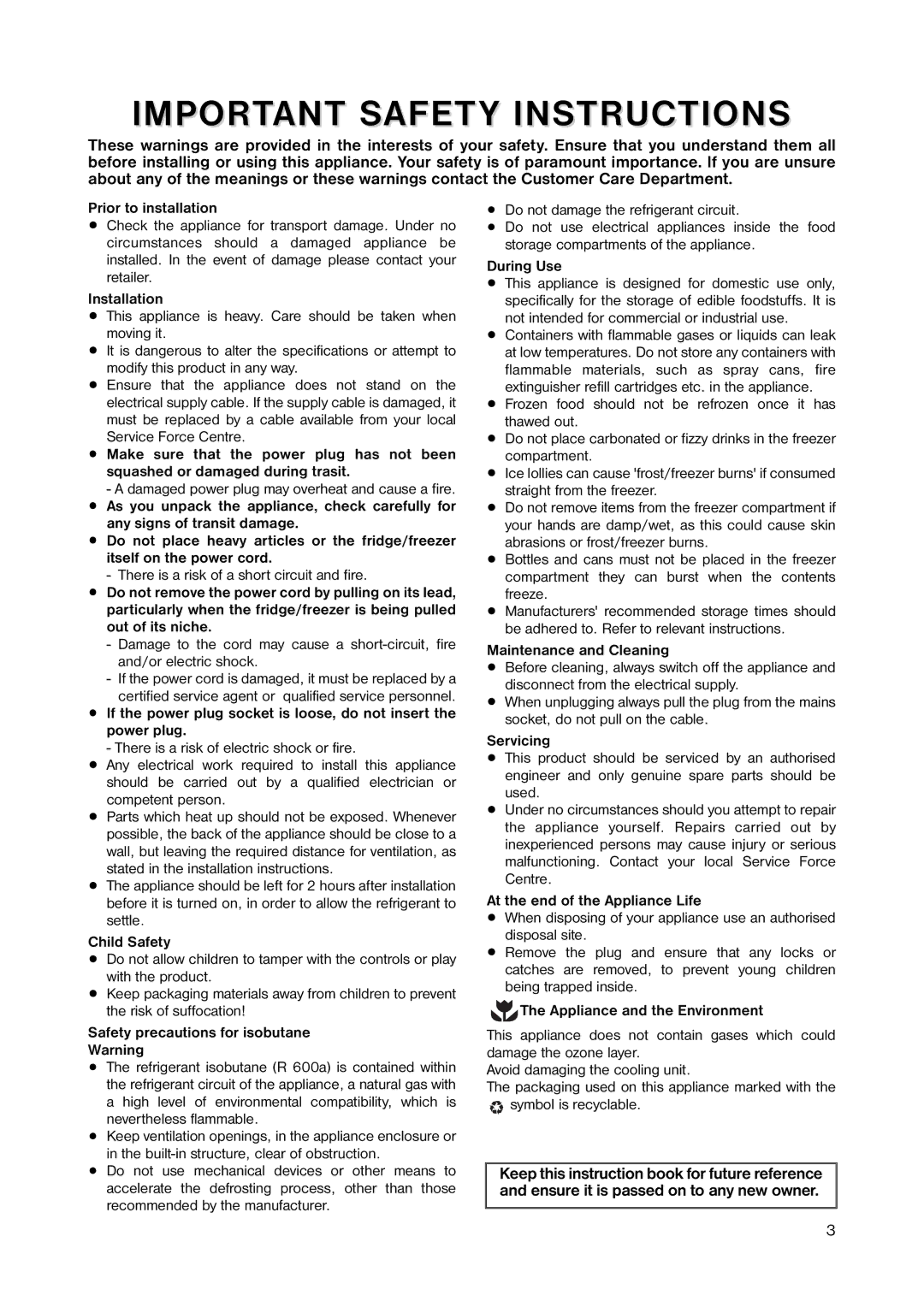 Zanussi ZRD 1843 manual Important Safety Instructions 