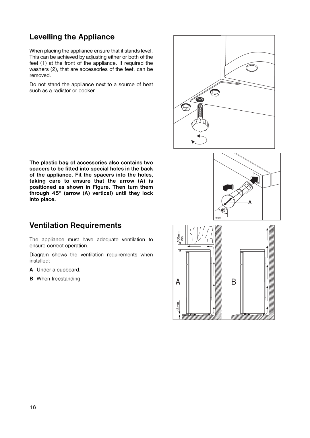 Zanussi ZRD 1843 manual Levelling the Appliance, Ventilation Requirements 