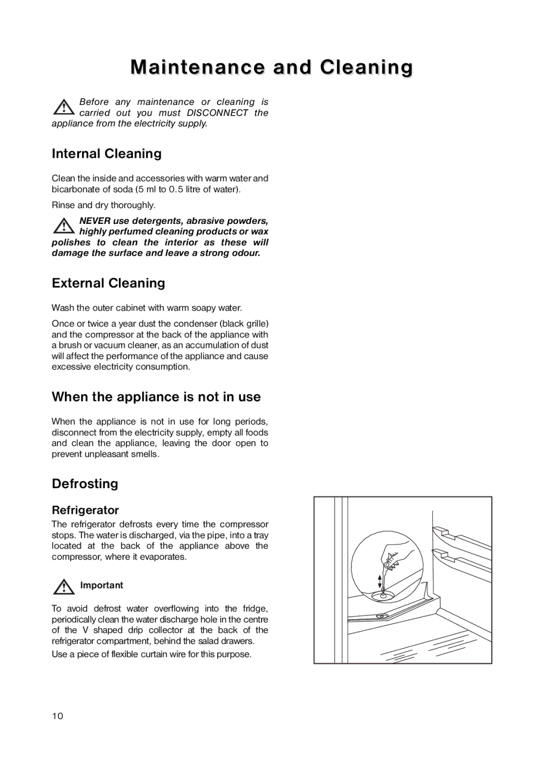 Zanussi ZRD 1845 manual Maintenance and Cleaning, Internal Cleaning, External Cleaning, When the appliance is not in use 