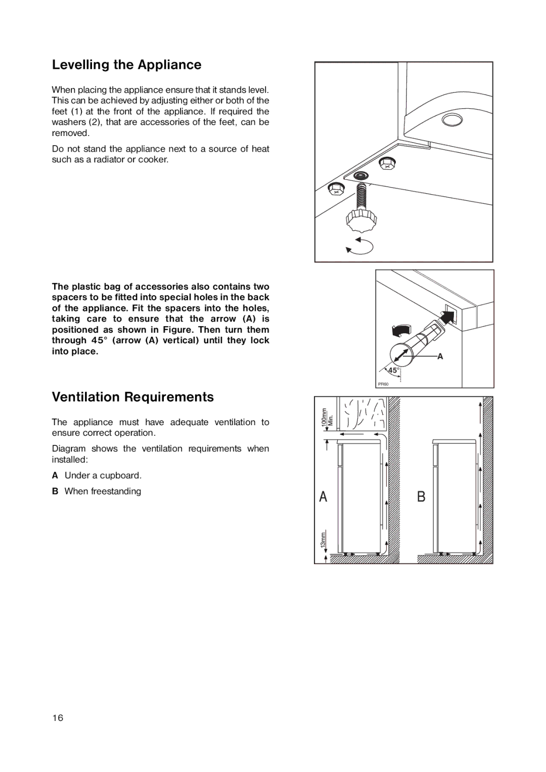 Zanussi ZRD 1845 manual Levelling the Appliance, Ventilation Requirements 