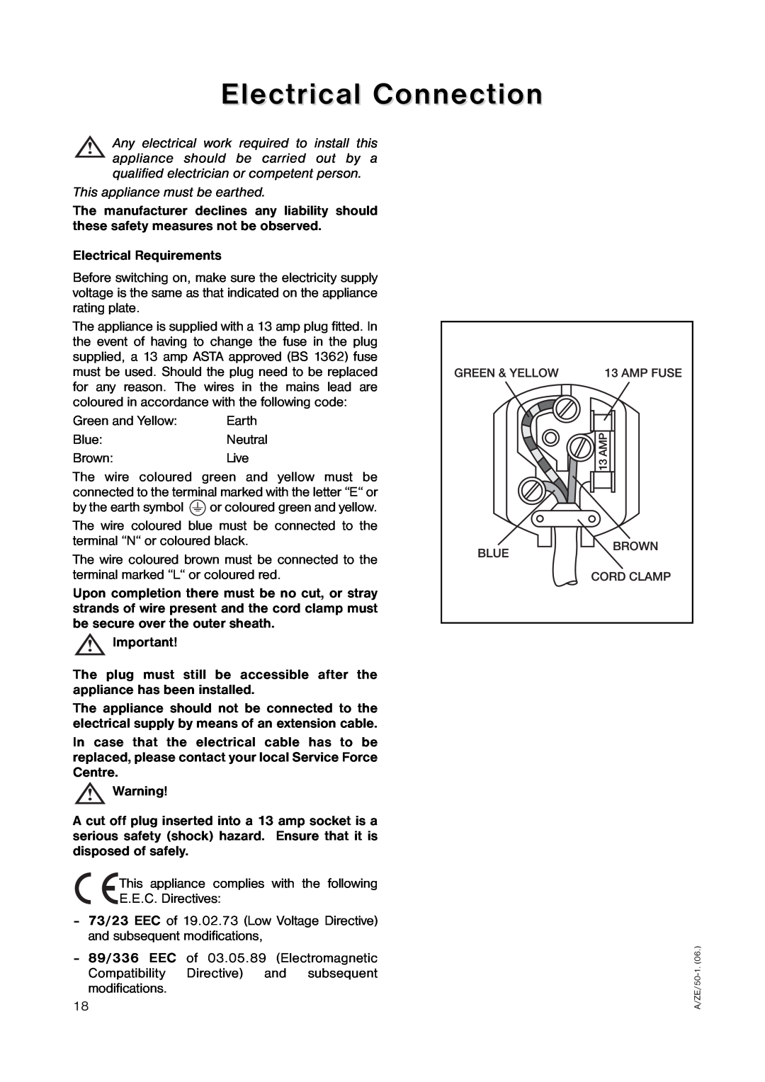 Zanussi ZRD 1845 manual Electrical Connection 