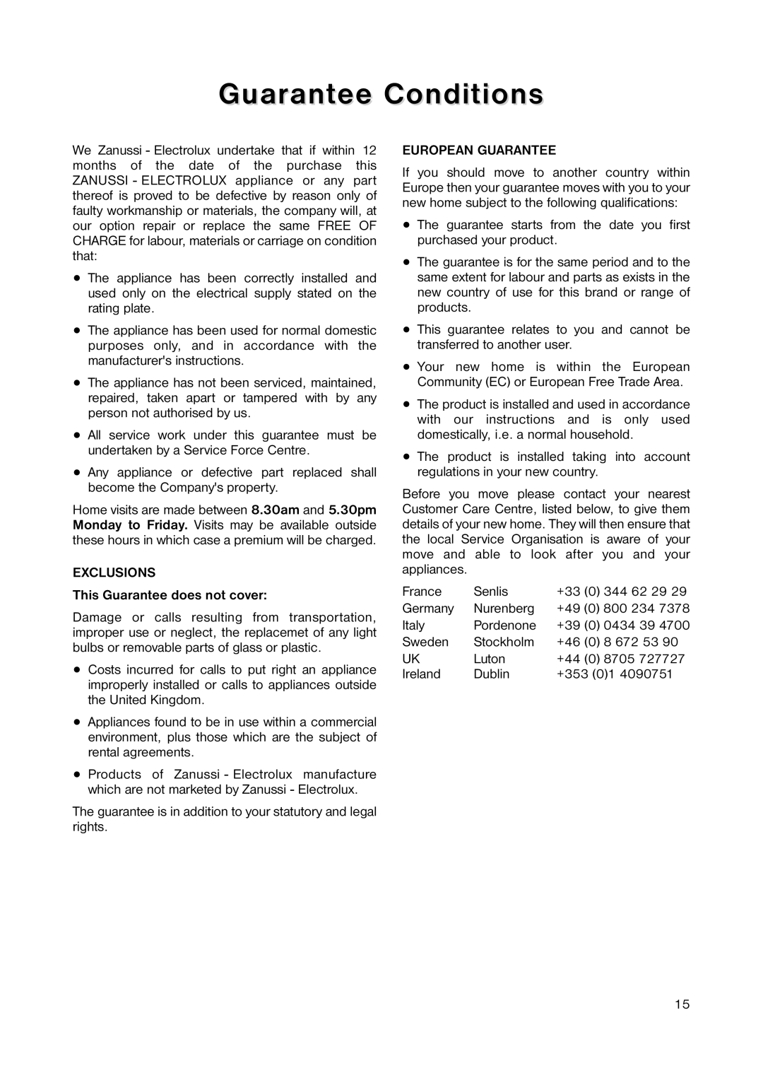 Zanussi ZRD 233W manual Guarantee Conditions, This Guarantee does not cover 