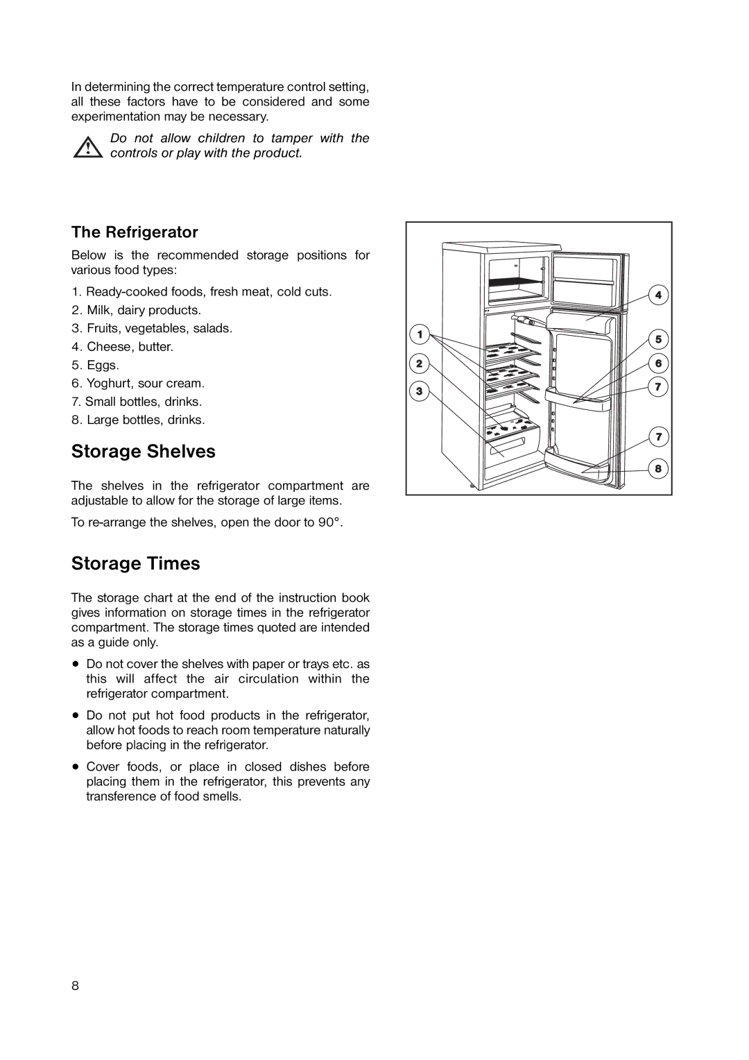 Zanussi ZRD 233W manual Storage Shelves, Storage Times 