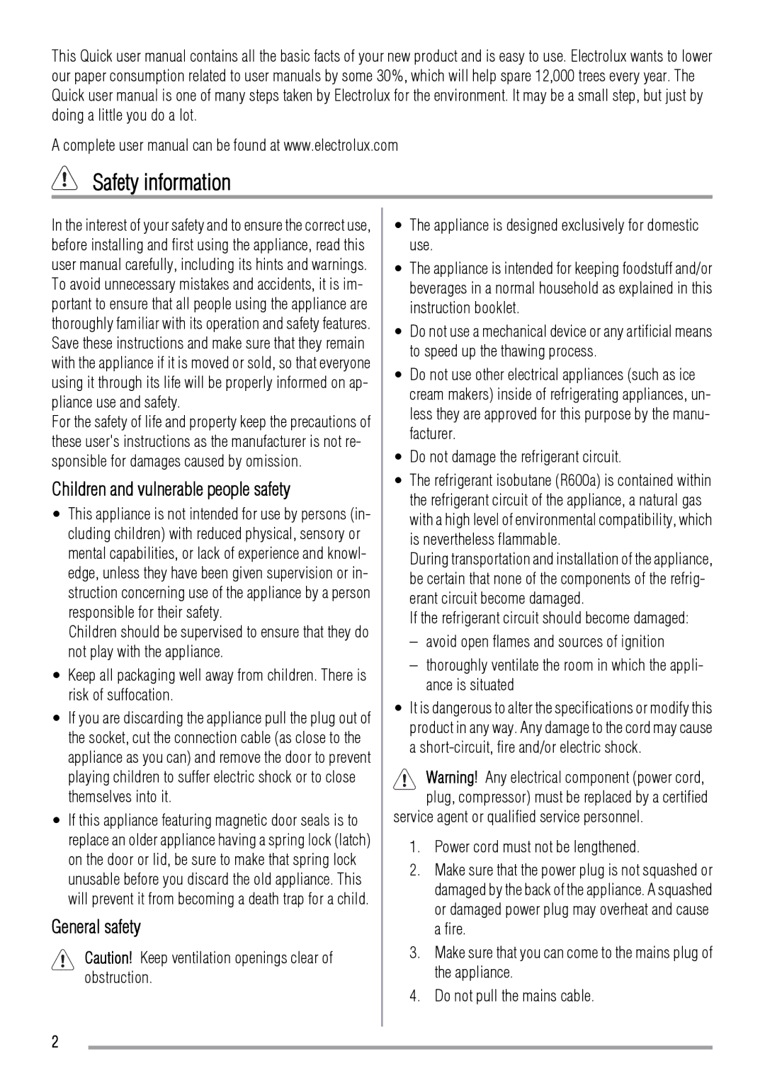 Zanussi ZRG614SW user manual Safety information, Children and vulnerable people safety, General safety 