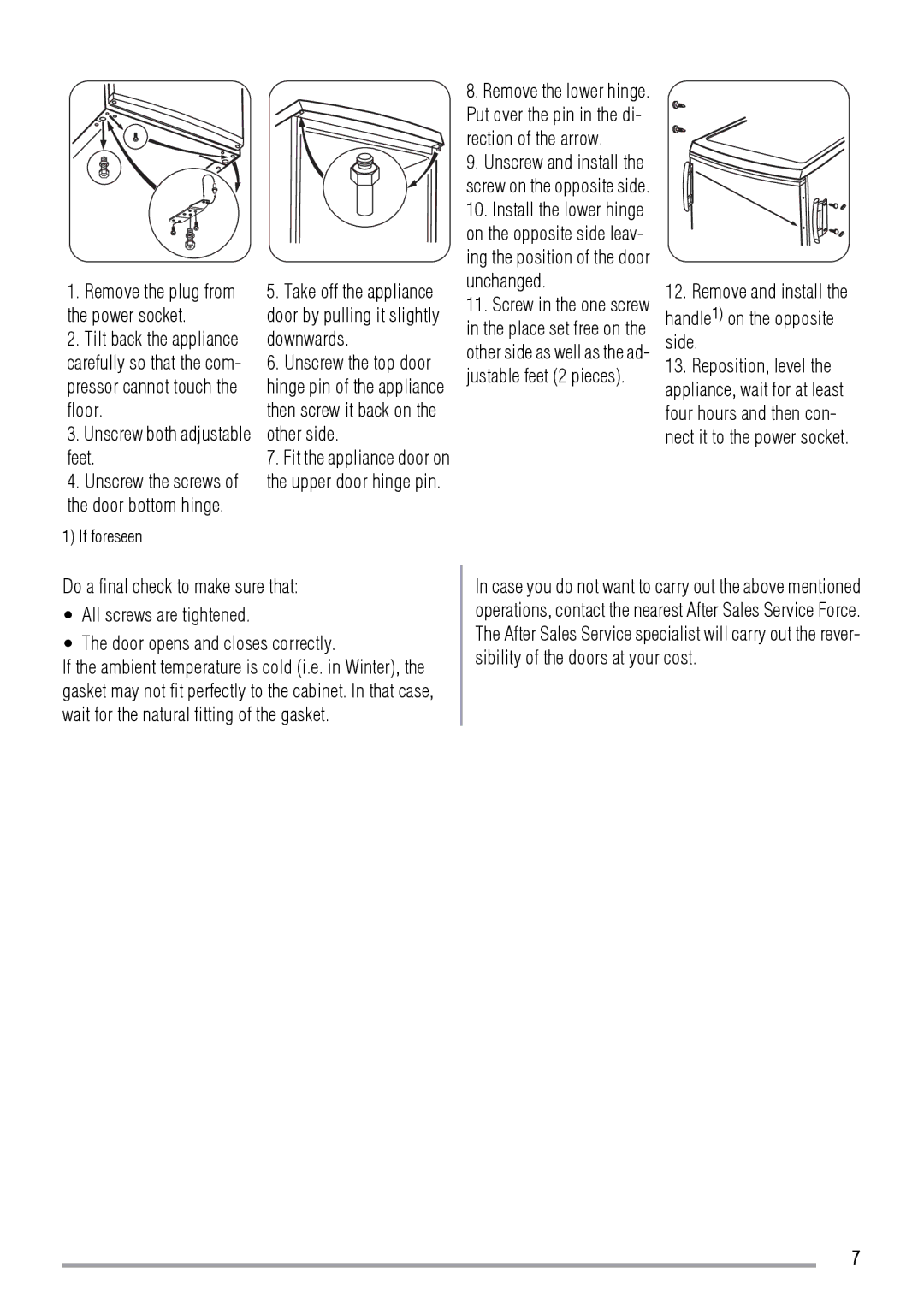 Zanussi ZRG715SW user manual Unscrew both adjustable feet, Remove and install the handle1 on the opposite side 