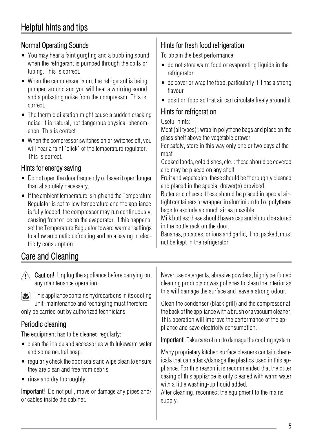 Zanussi ZRG717CW user manual Helpful hints and tips, Care and Cleaning 