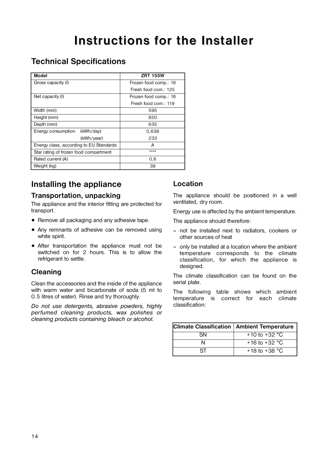 Zanussi ZRT 155W manual Instructions for the Installer, Technical Specifications, Installing the appliance 