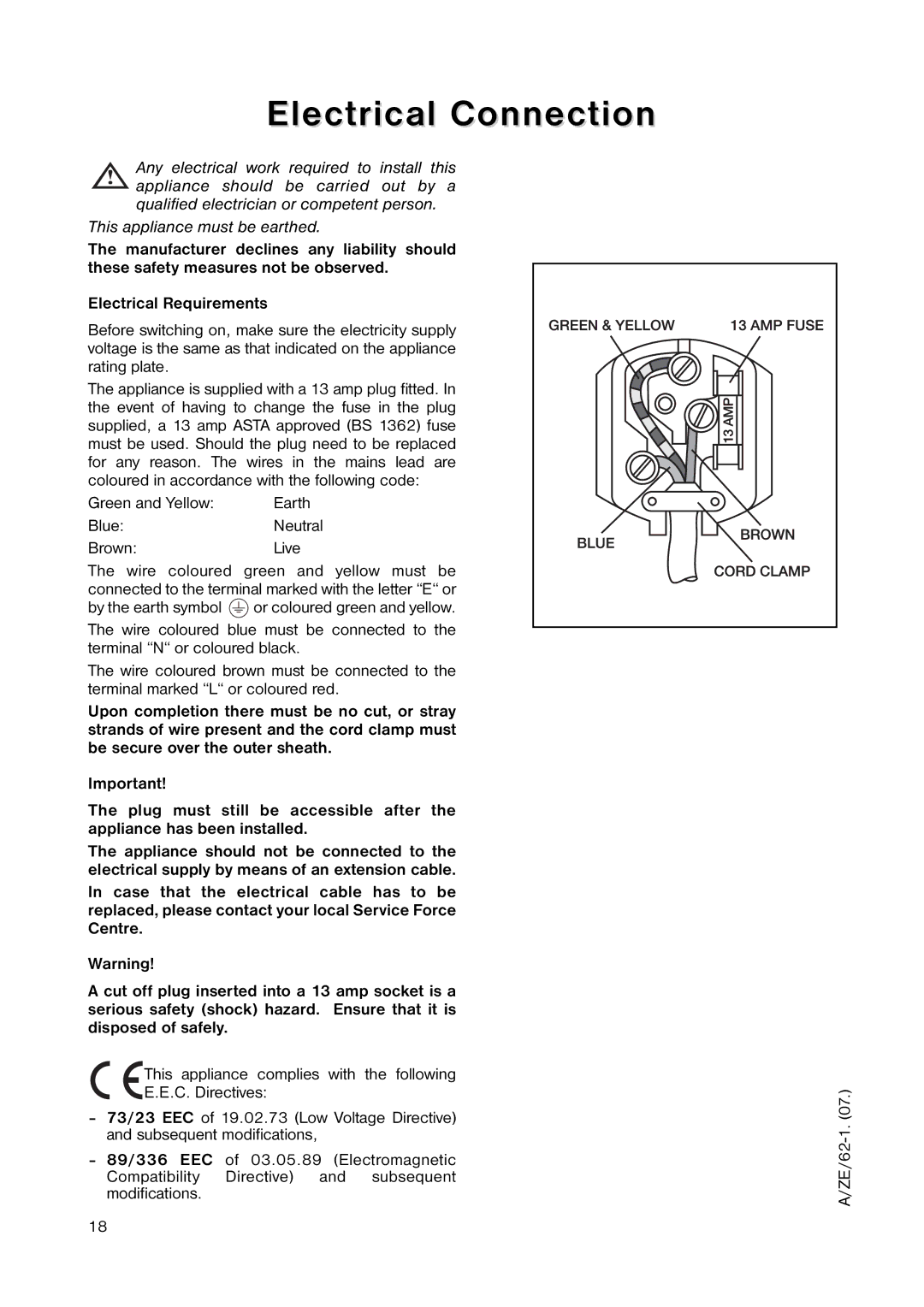 Zanussi ZRT 155W manual Electrical Connection, Green and Yellow, BlueNeutral BrownLive 