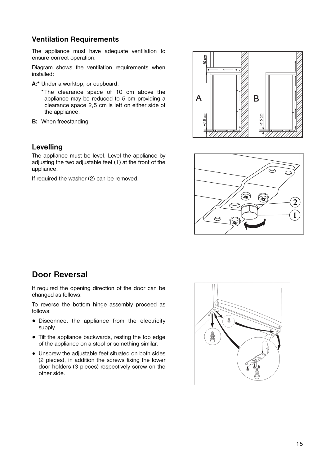 Zanussi ZRT 155W manual Door Reversal, Ventilation Requirements, Levelling 
