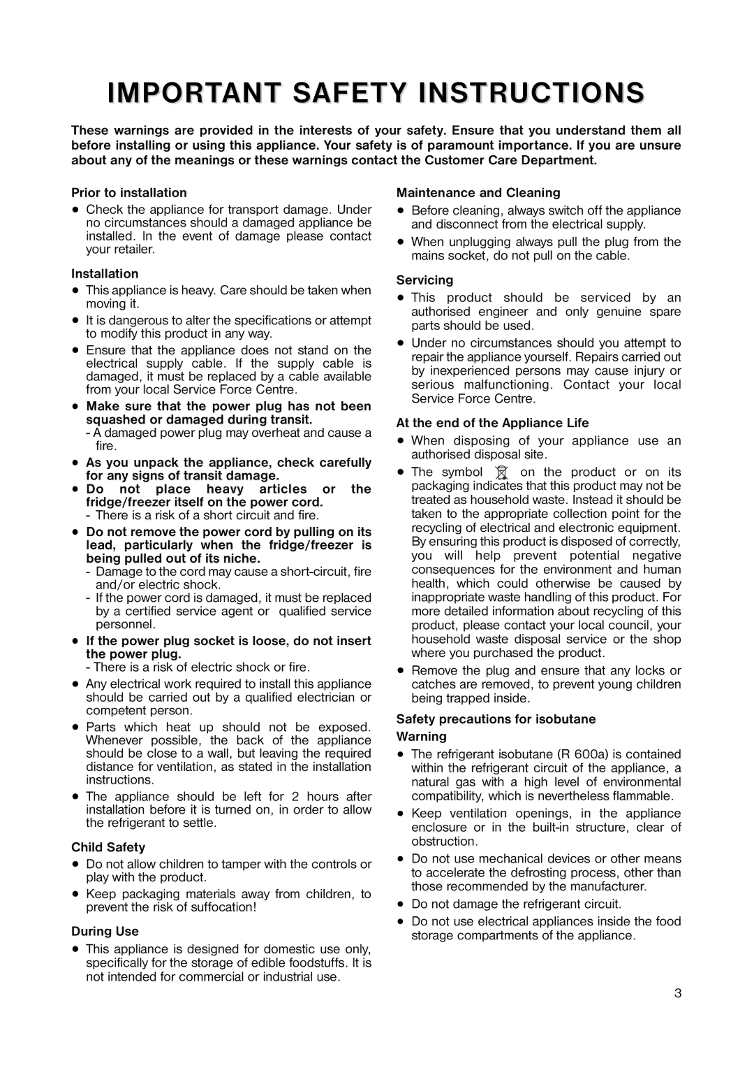 Zanussi ZRT 163W manual Prior to installation, Installation, Child Safety, During Use, Servicing 