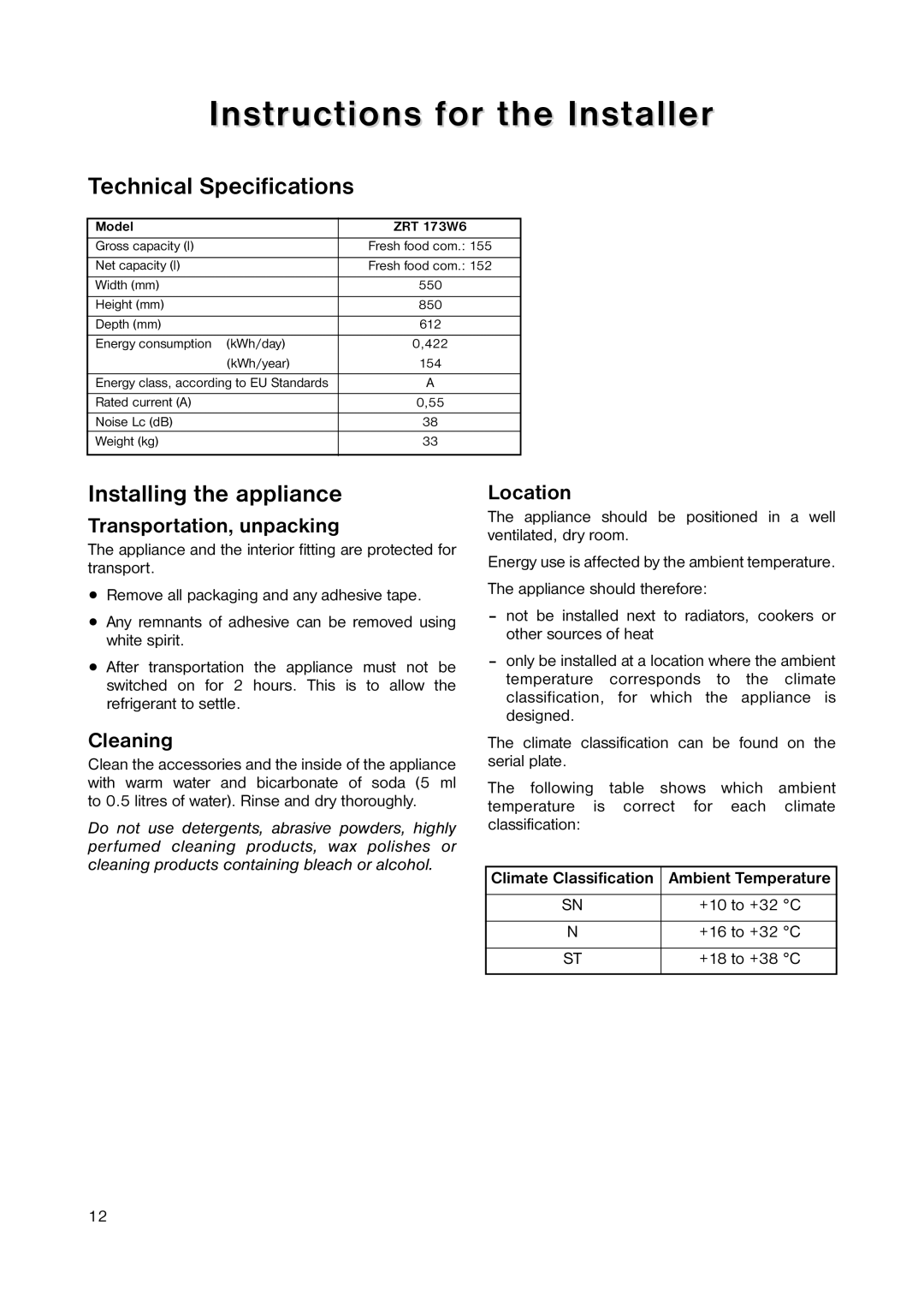 Zanussi ZRT 173W6 manual Instructions for the Installer, Technical Specifications, Installing the appliance 