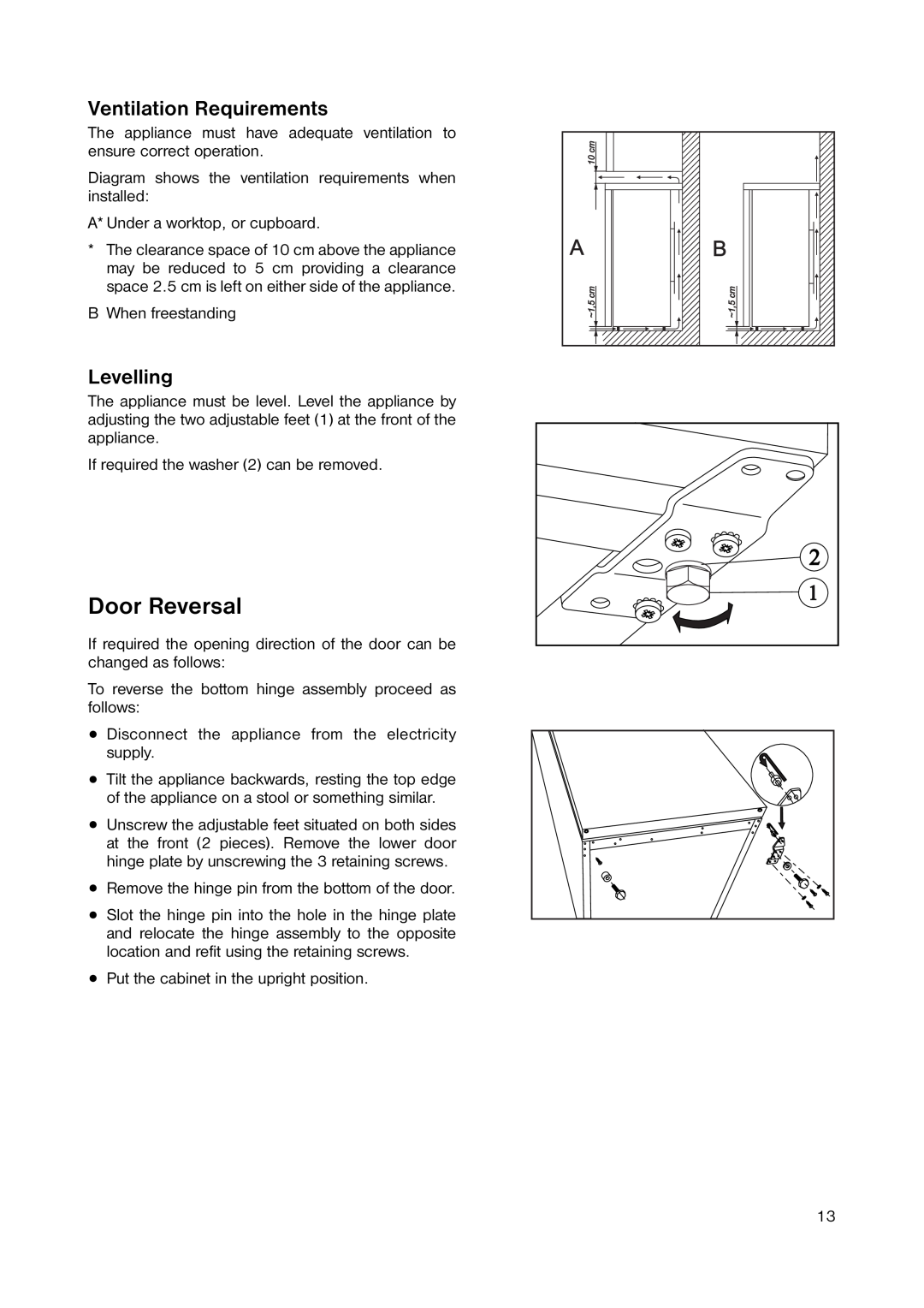 Zanussi ZRT 173W6 manual Door Reversal, Ventilation Requirements, Levelling 
