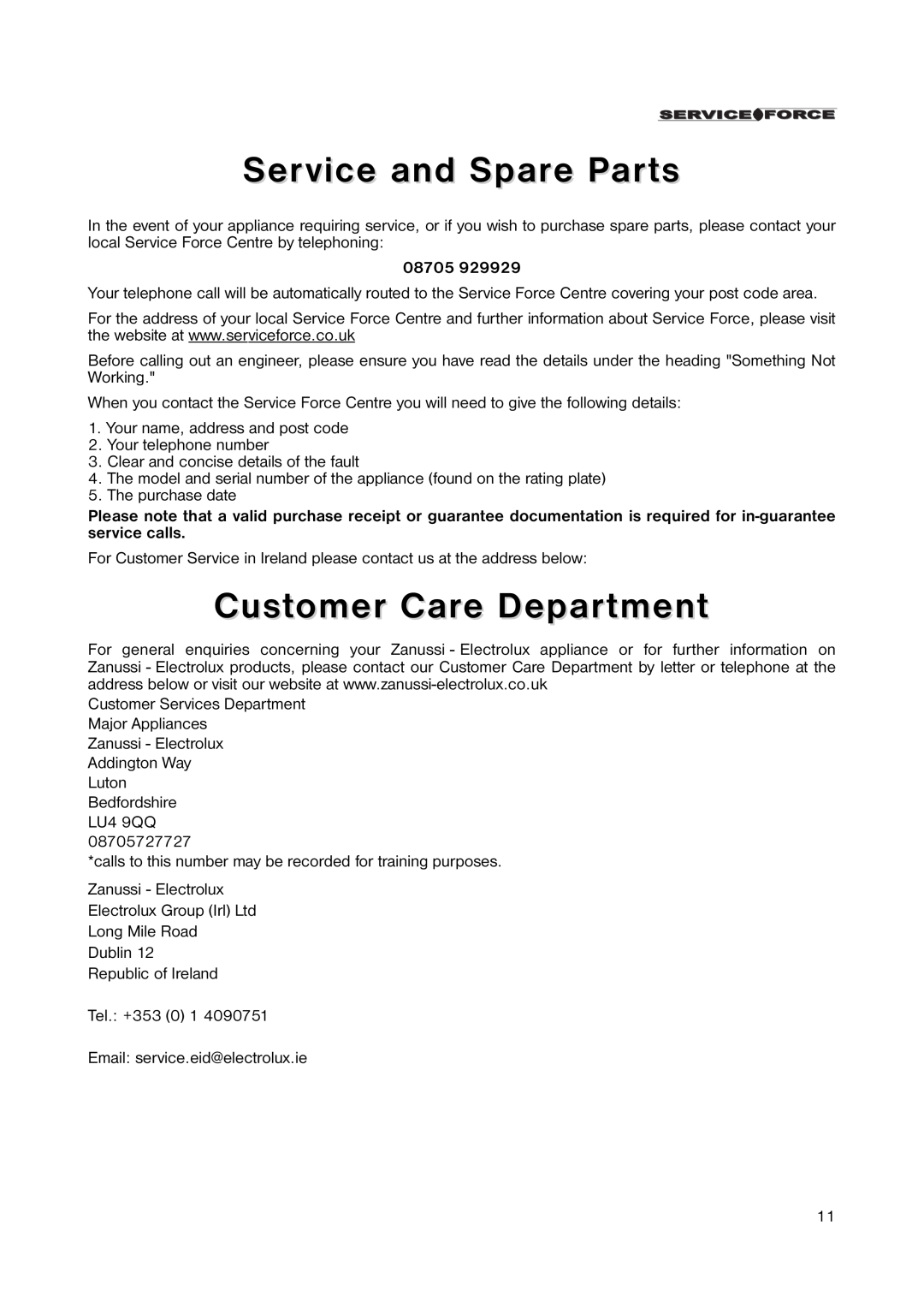 Zanussi ZRT 175W manual Service and Spare Parts, Customer Care Department, 08705 