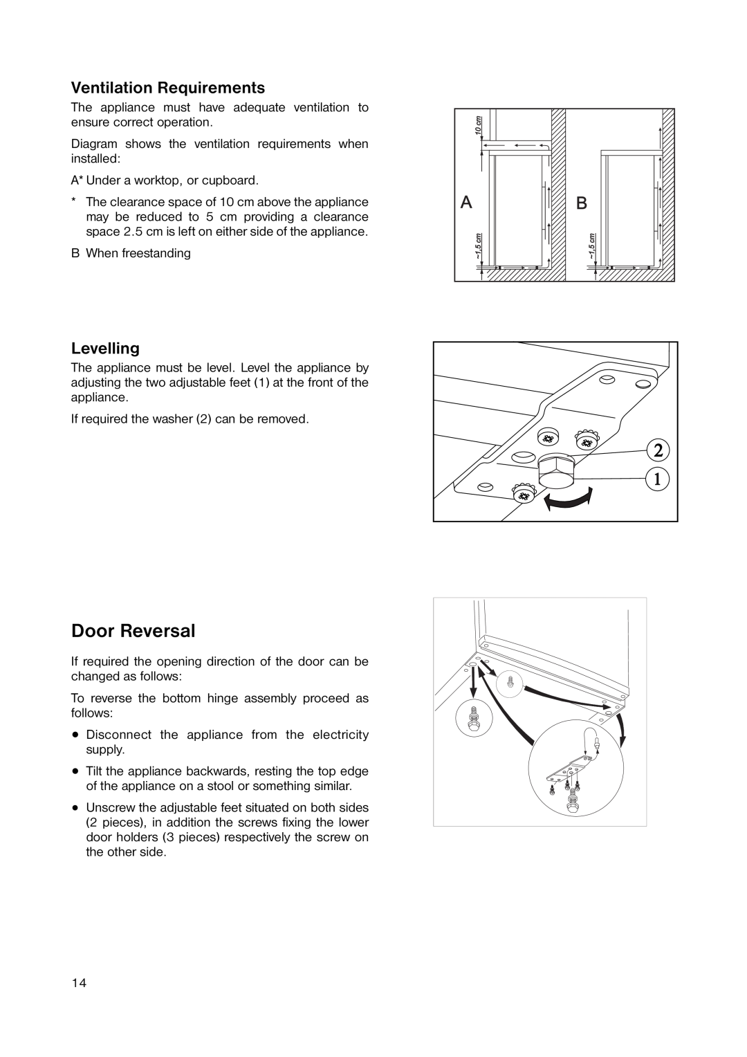 Zanussi ZRT 175W manual Door Reversal, Ventilation Requirements, Levelling 