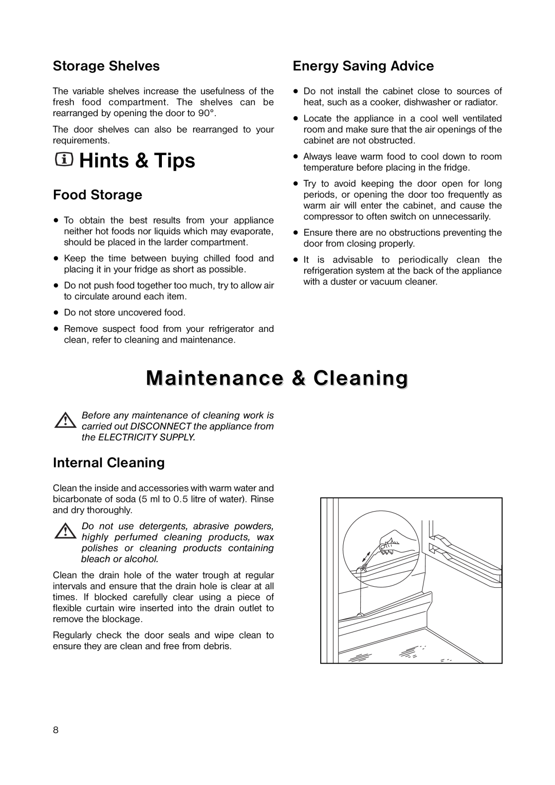 Zanussi ZRT 175W manual Hints & Tips, Maintenance & Cleaning, Storage Shelves, Food Storage, Internal Cleaning 