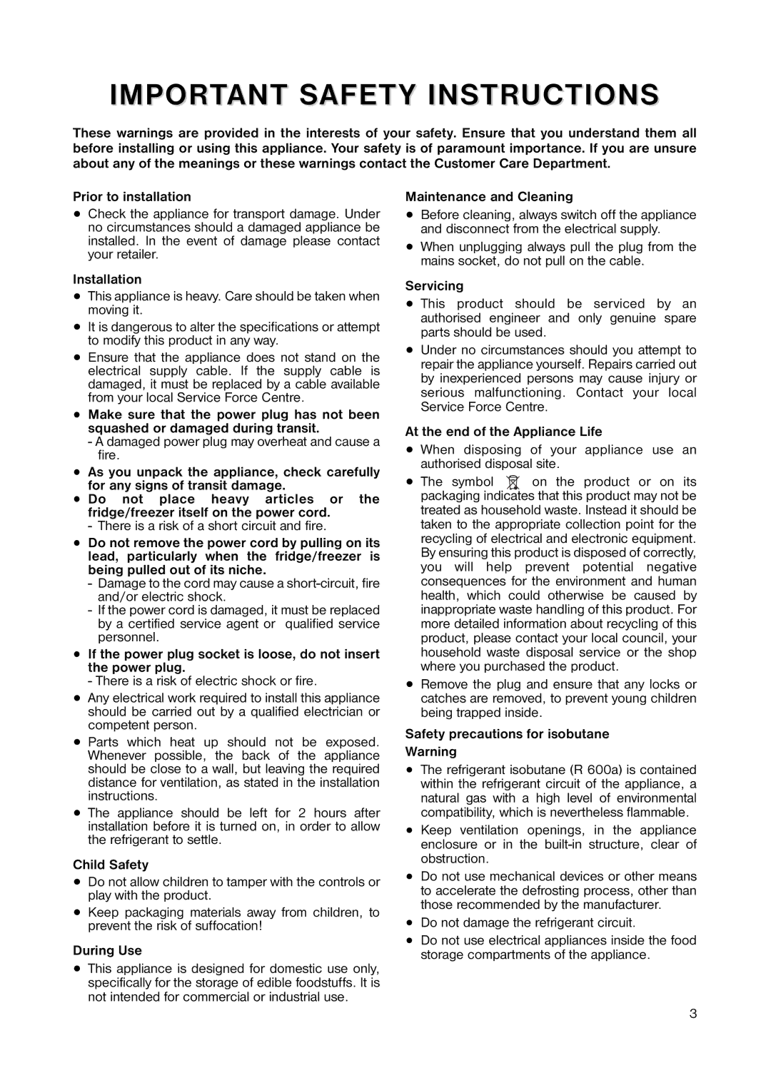 Zanussi ZRT 183W1 manual Prior to installation, Installation, Child Safety, During Use, Servicing 