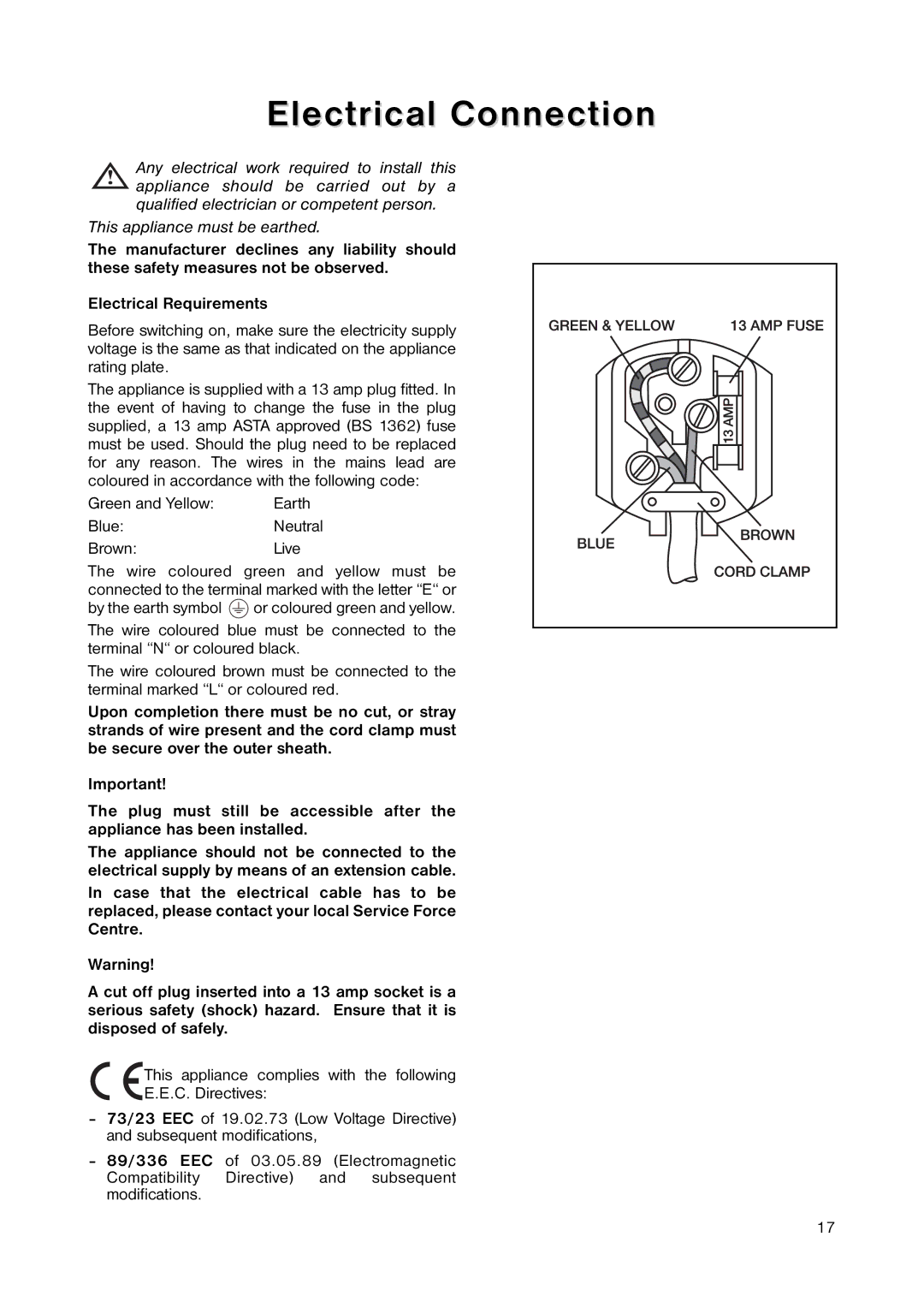 Zanussi ZRT 6556 manual Electrical Connection, Green and Yellow, BlueNeutral BrownLive 