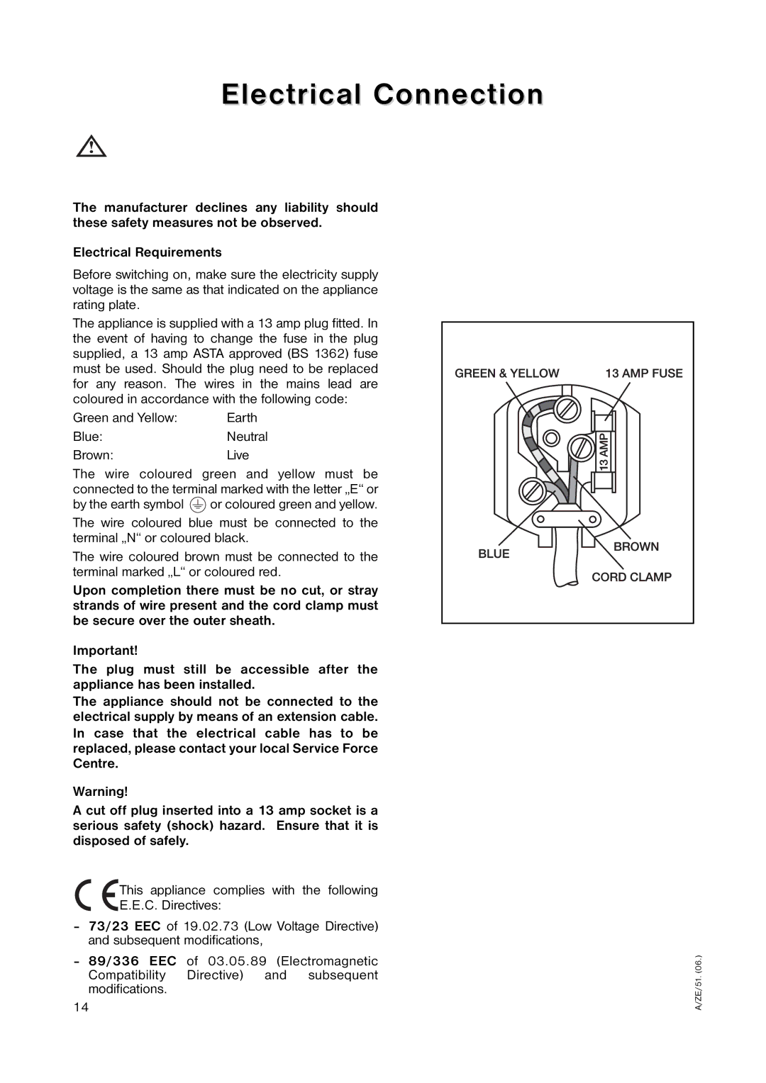 Zanussi ZRT 6646S manual Electrical Connection, BlueNeutral BrownLive 