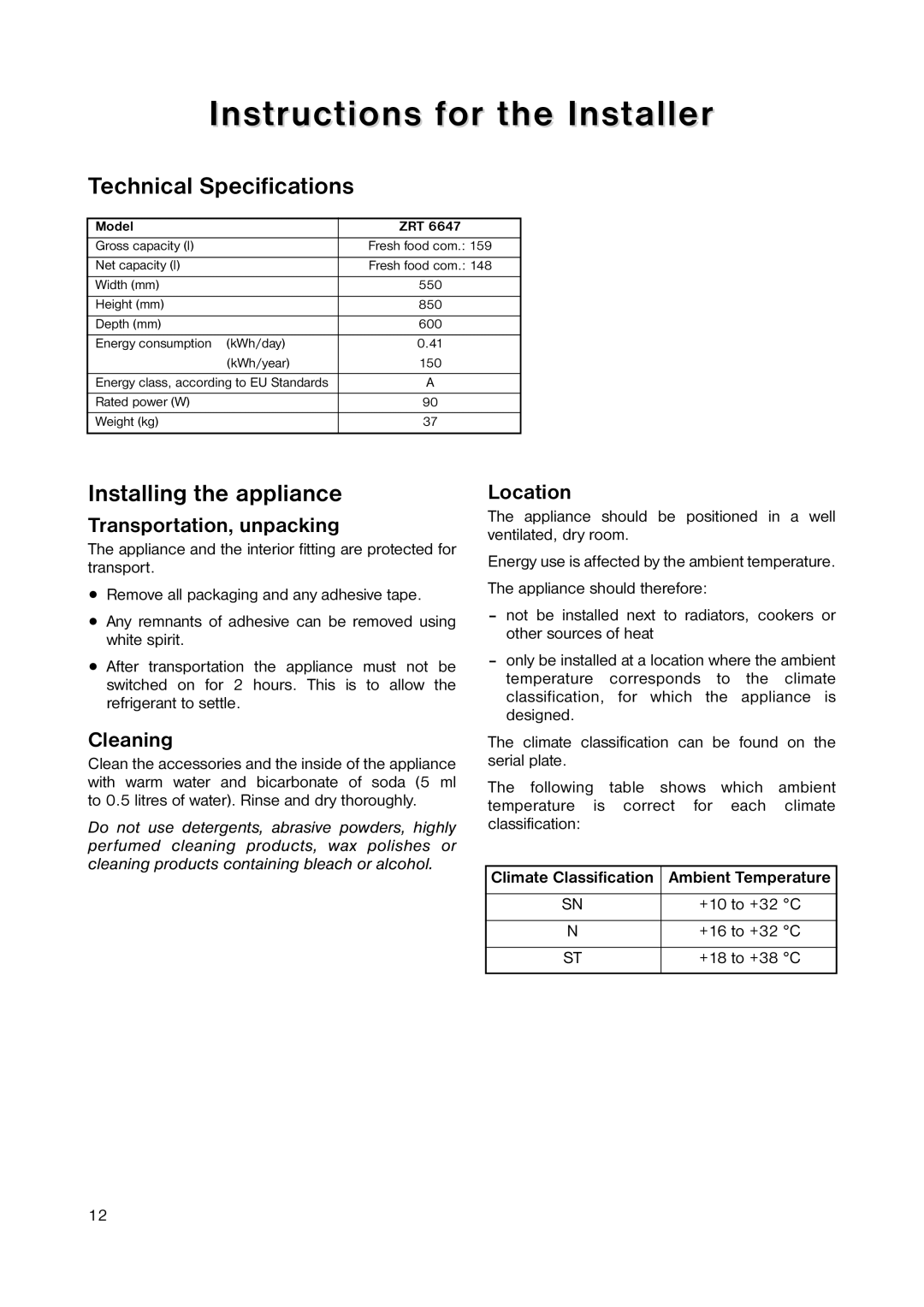 Zanussi ZRT 6647 manual Instructions for the Installer, Technical Specifications, Installing the appliance 