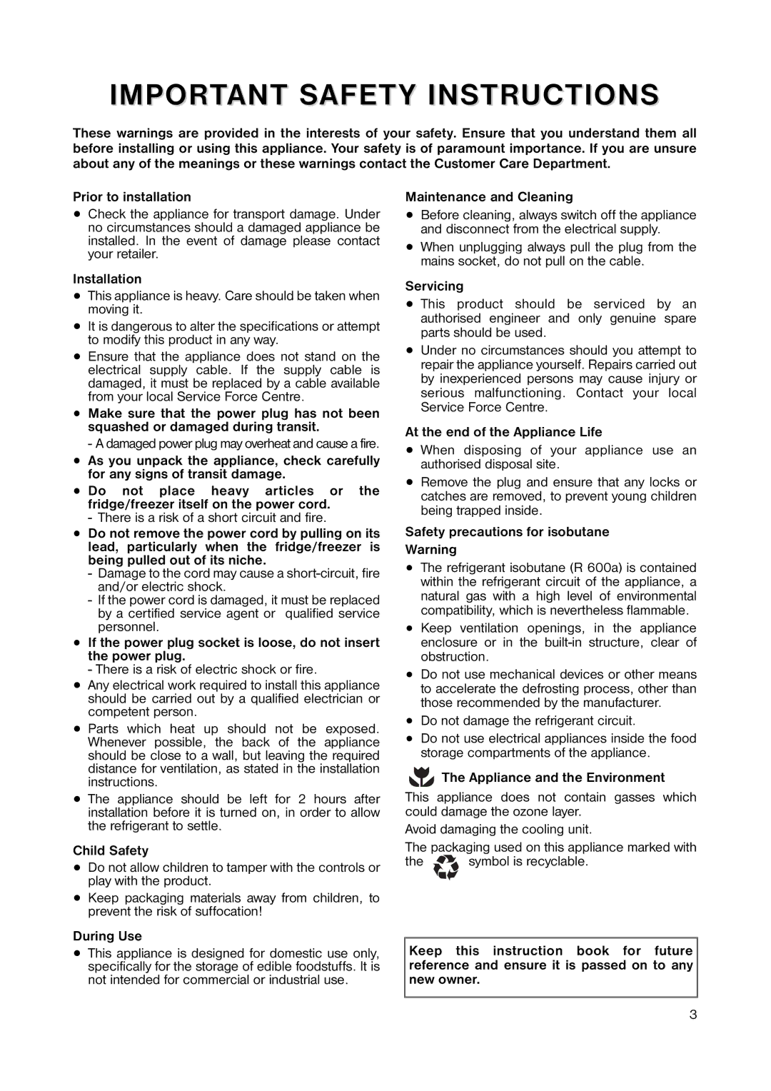 Zanussi ZRT 6647 Prior to installation, Installation, Child Safety, During Use, Servicing, Appliance and the Environment 