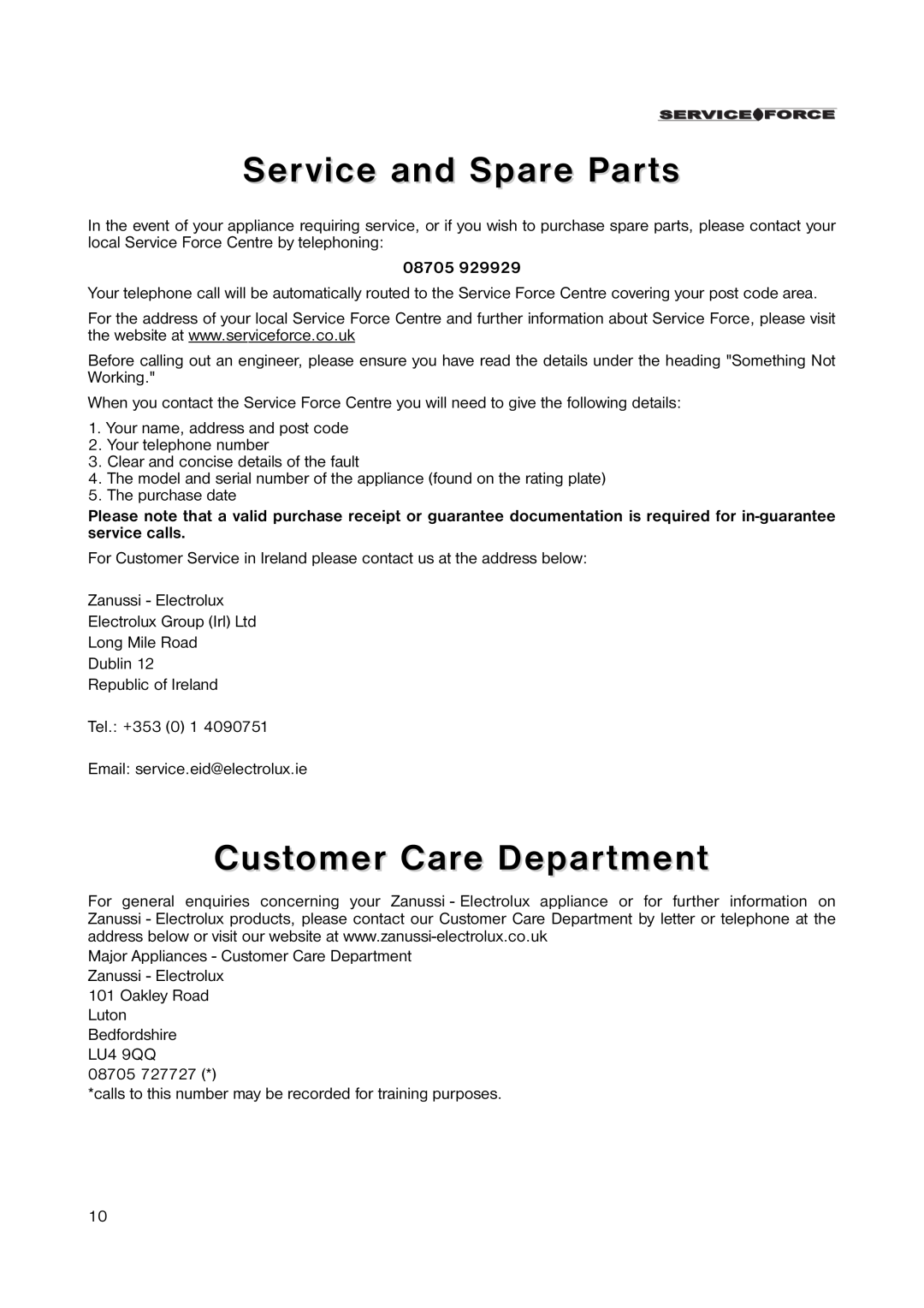 Zanussi ZRT 6647 manual Service and Spare Parts, Customer Care Department, 08705 