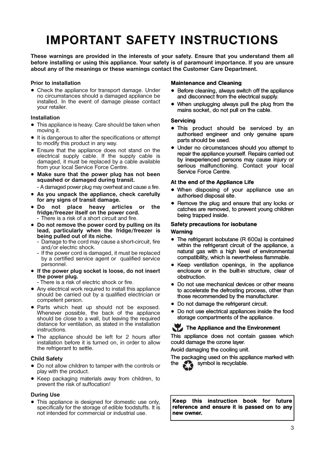 Zanussi ZRT 6647 manual Important Safety Instructions 