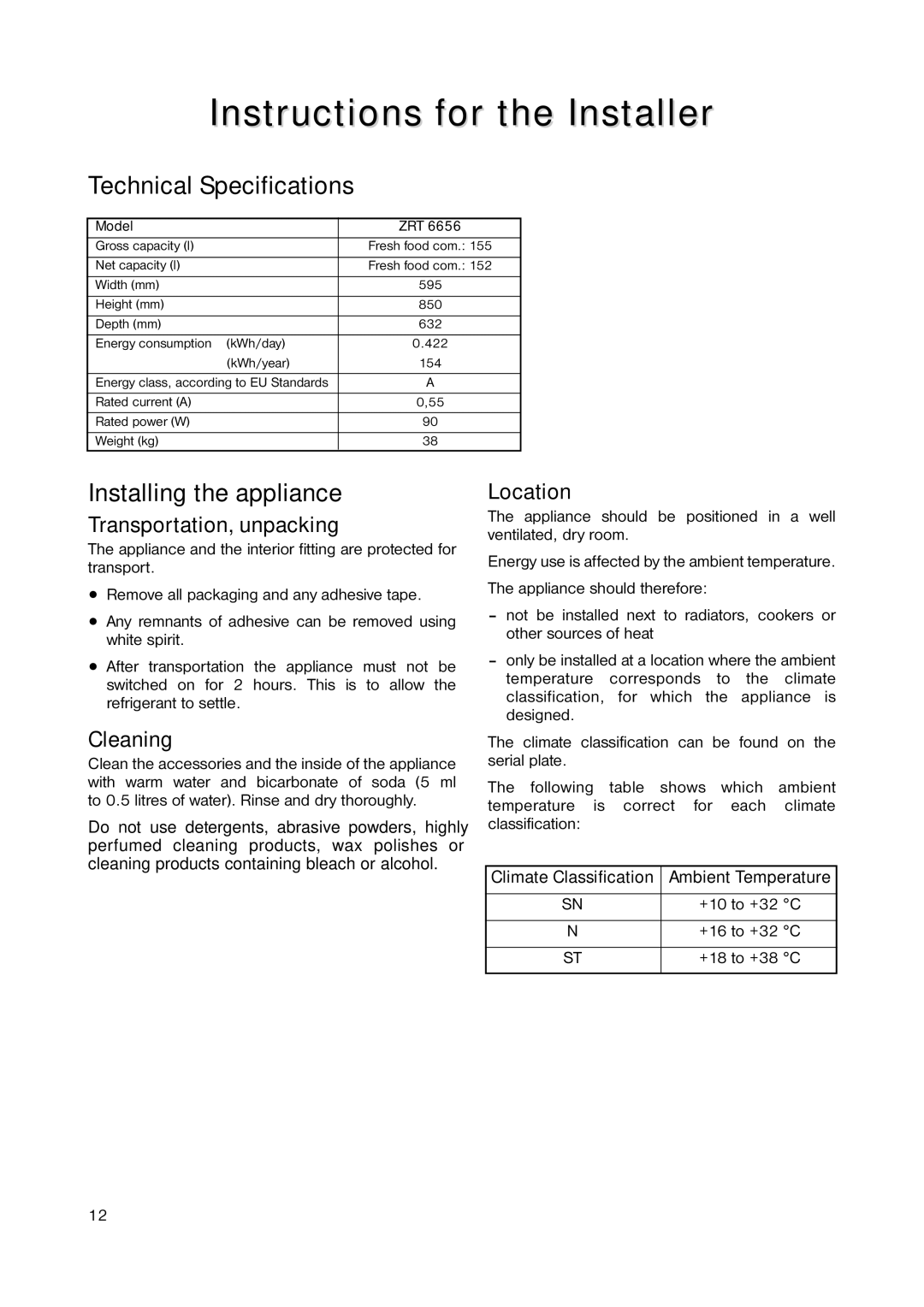 Zanussi ZRT 6656 manual Instructions for the Installer, Technical Specifications, Installing the appliance 