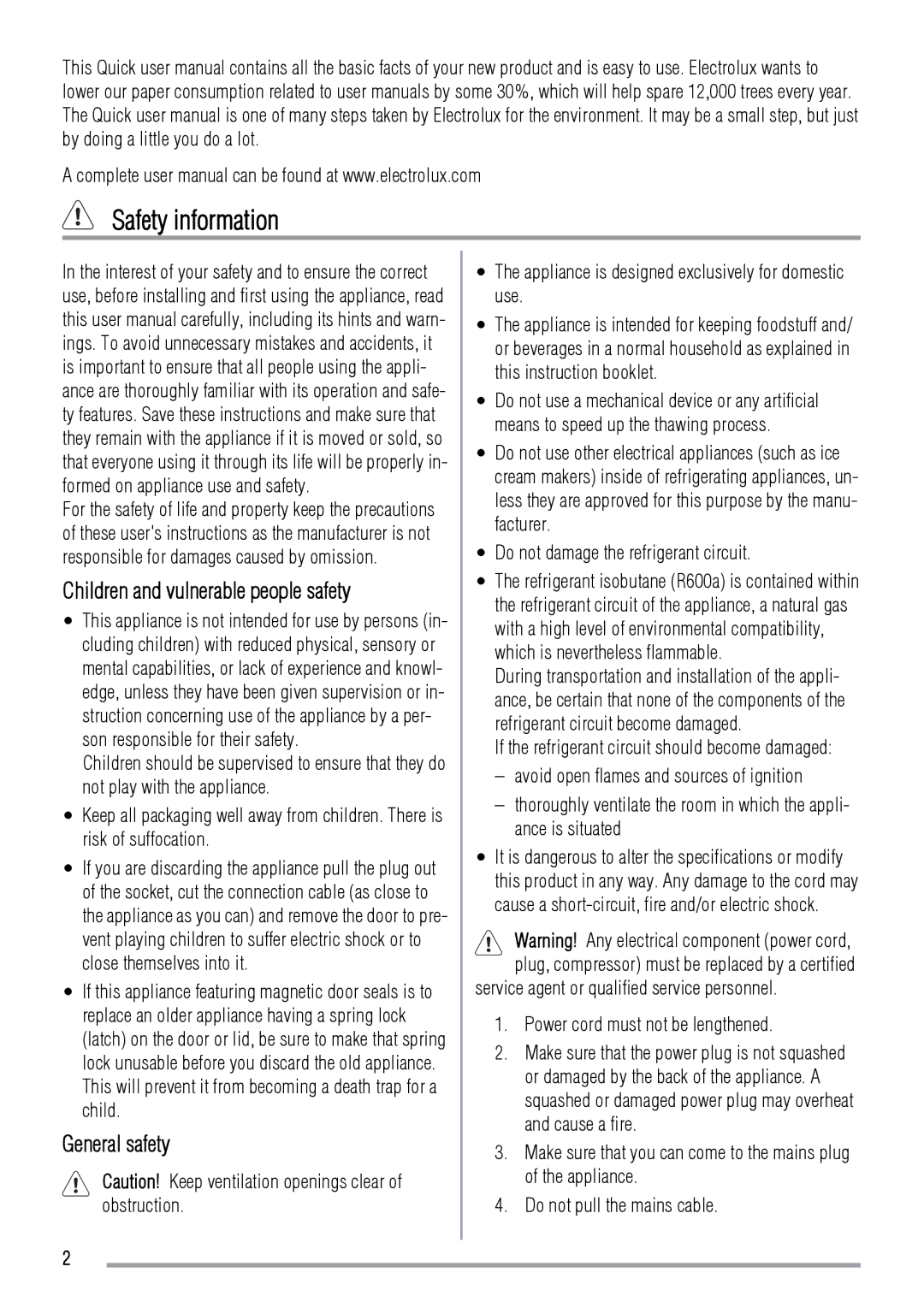 Zanussi ZRT318W user manual Safety information, Children and vulnerable people safety, General safety 