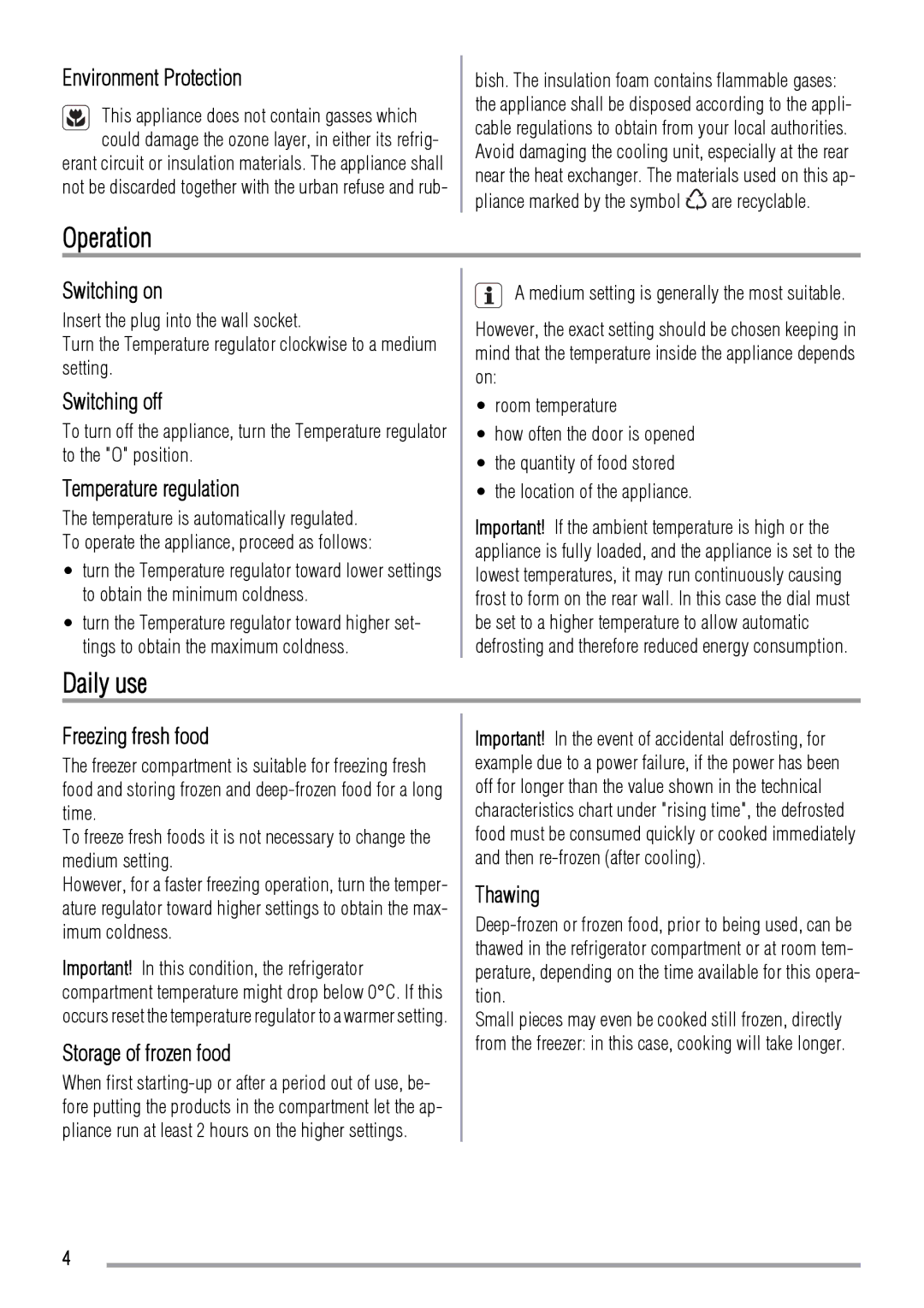 Zanussi ZRT318W user manual Operation, Daily use 