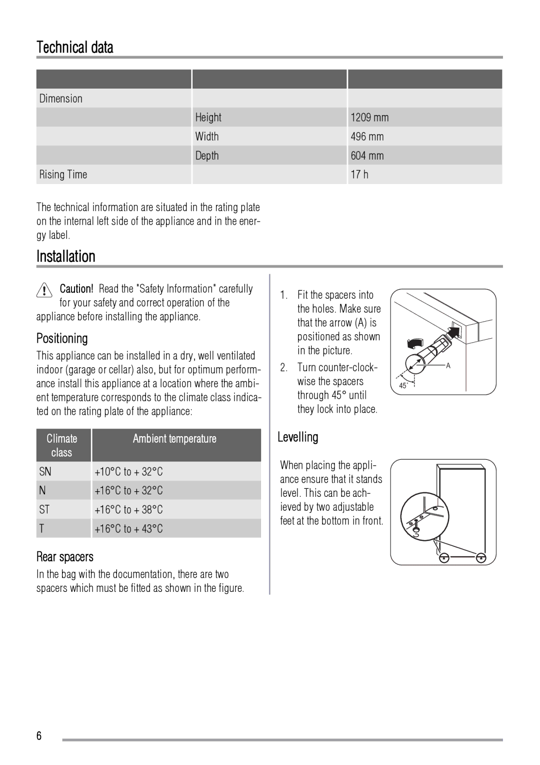 Zanussi ZRT318W user manual Technical data, Installation, Positioning, Rear spacers, Levelling 