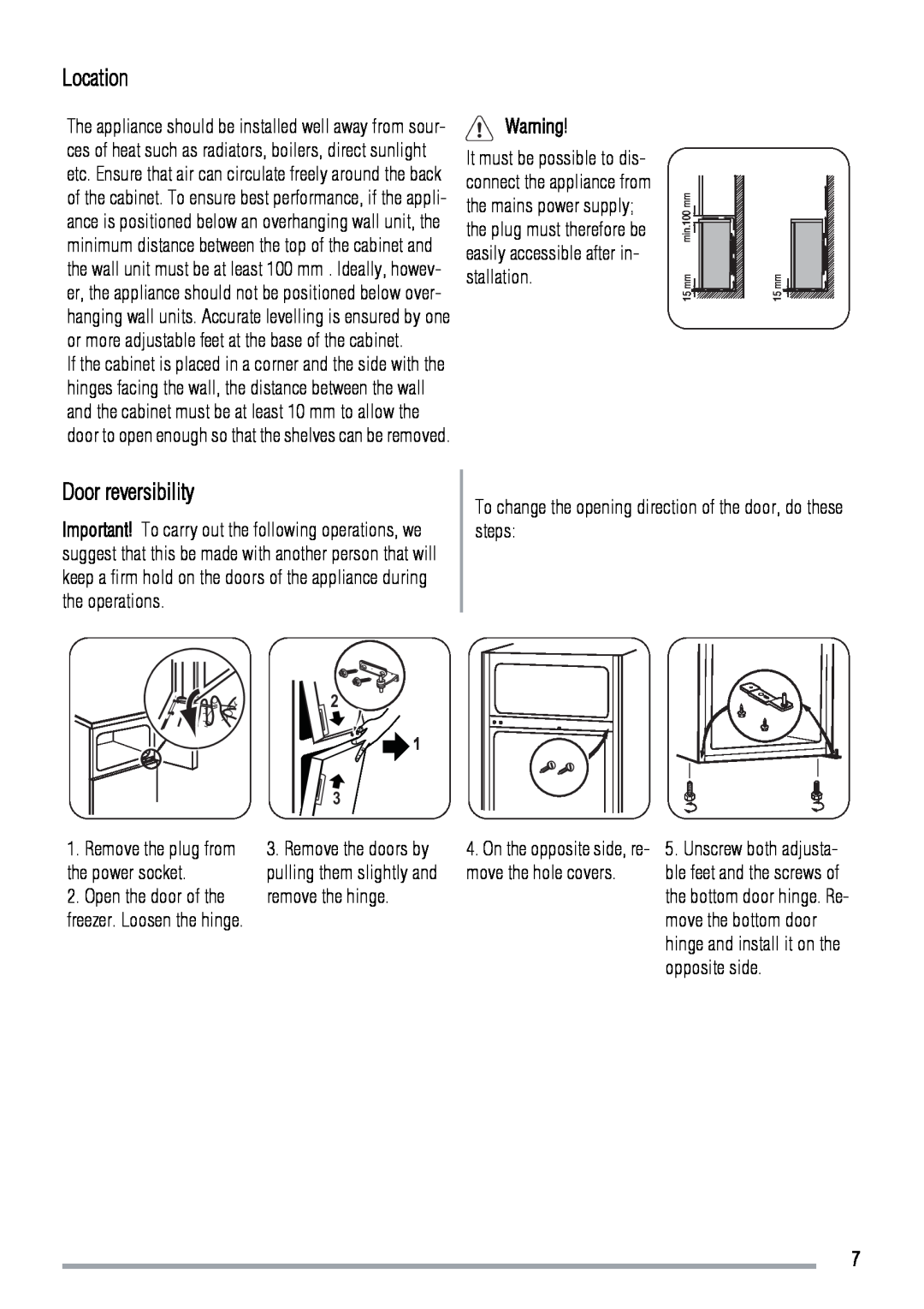 Zanussi ZRT318W user manual Location, Door reversibility, To change the opening direction of the door, do these steps 