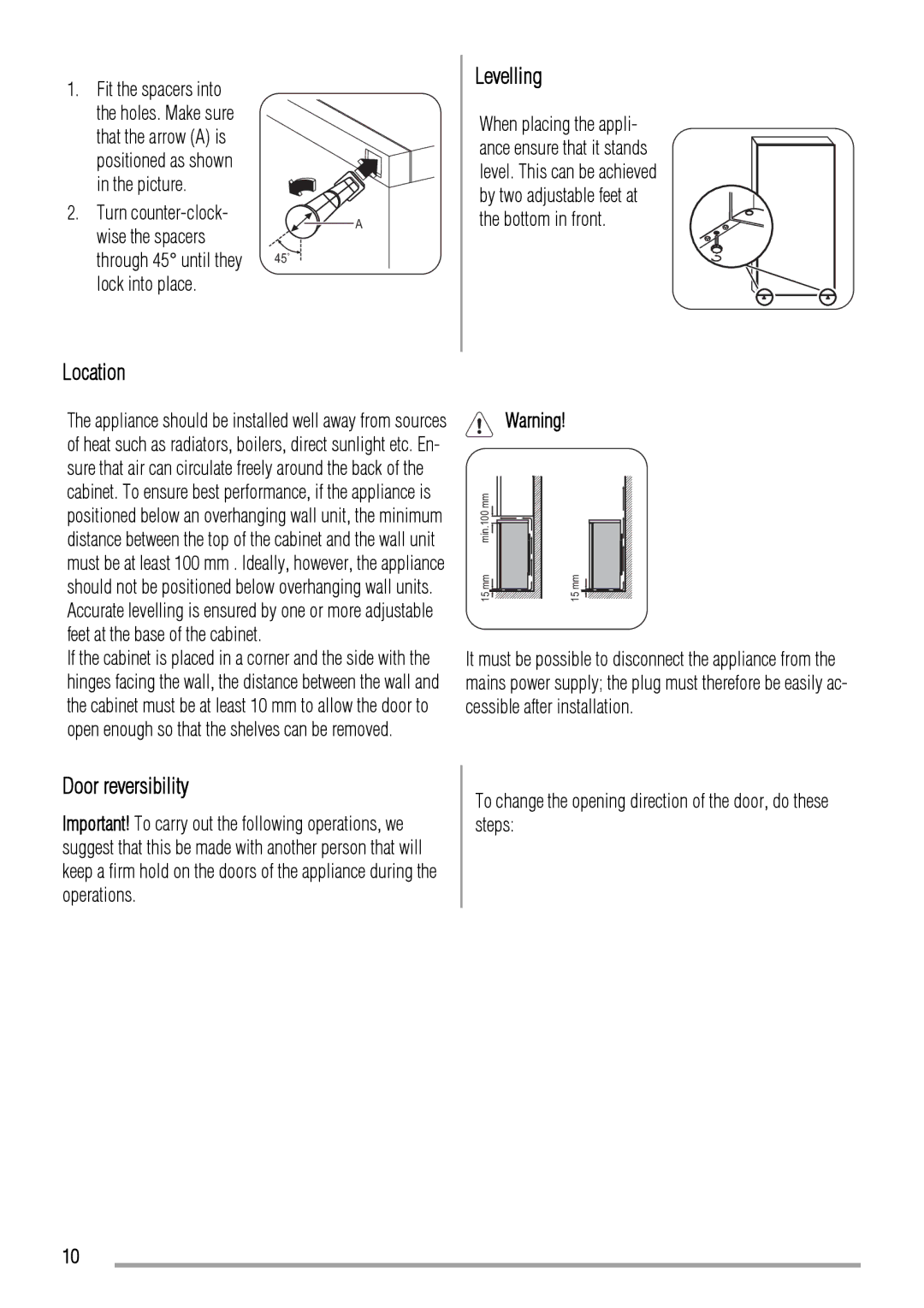 Zanussi ZRT623W user manual Levelling, Location, Door reversibility 