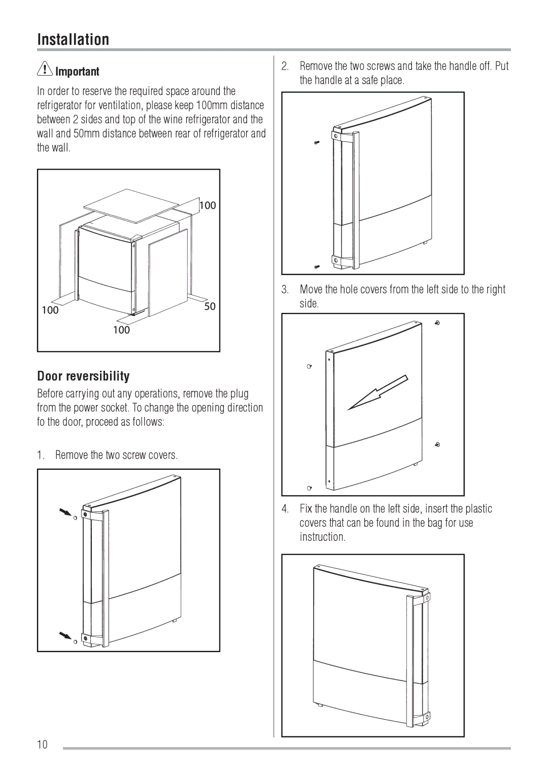 Zanussi ZRW106N user manual Installation, Door reversibility, Remove the two screw covers 