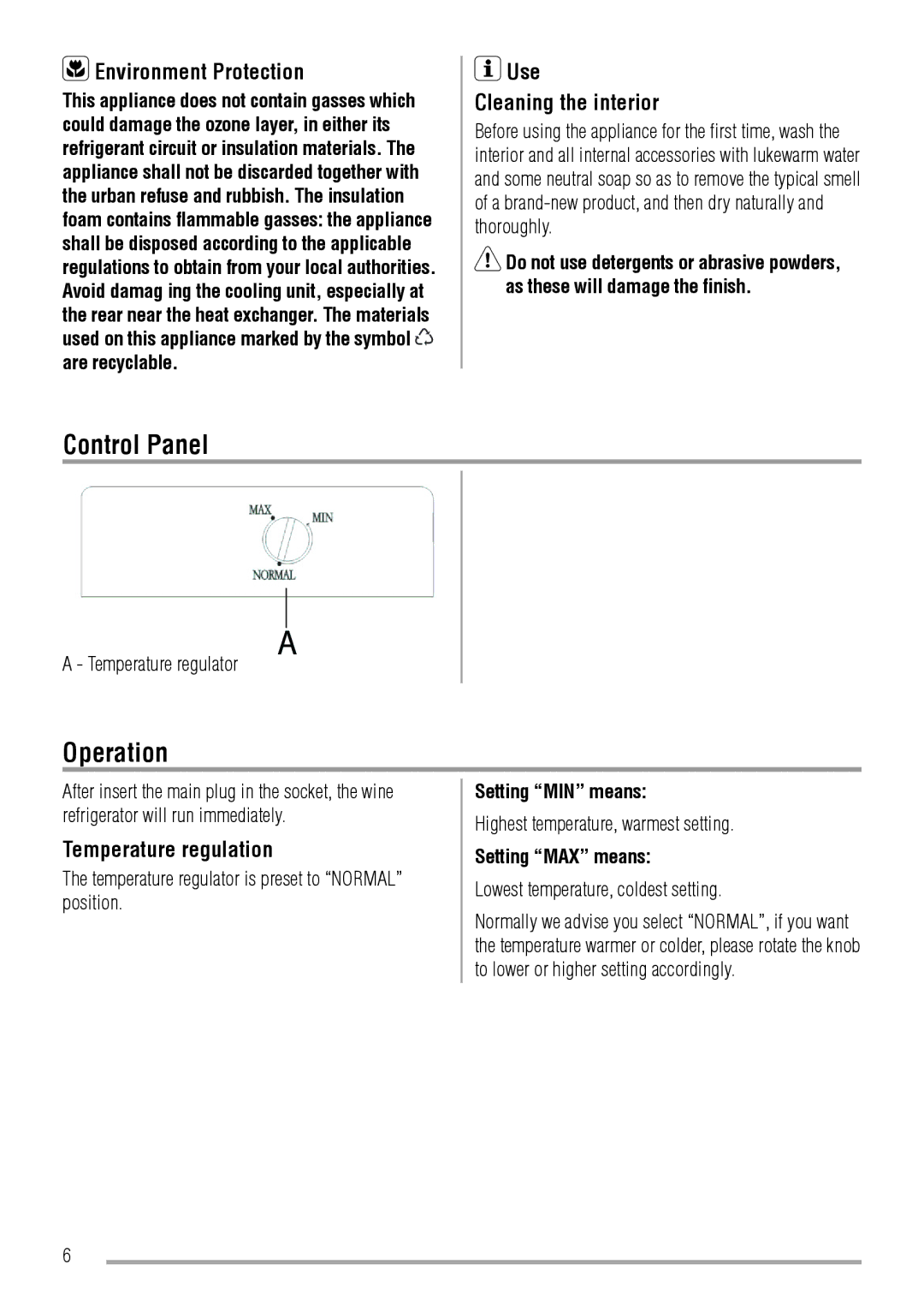 Zanussi ZRW106N Control Panel, Operation, Environment Protection, Use Cleaning the interior, Temperature regulation 