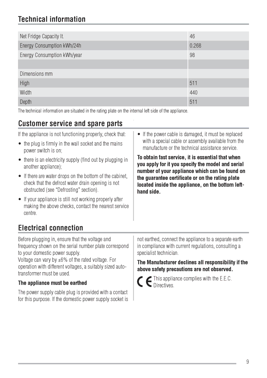 Zanussi ZRW106N Technical information, Customer service and spare parts, Electrical connection, Appliance must be earthed 