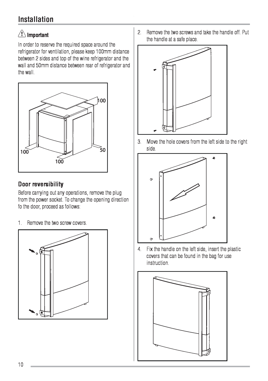 Zanussi ZRW106N user manual Installation, Door reversibility, Remove the two screw covers 