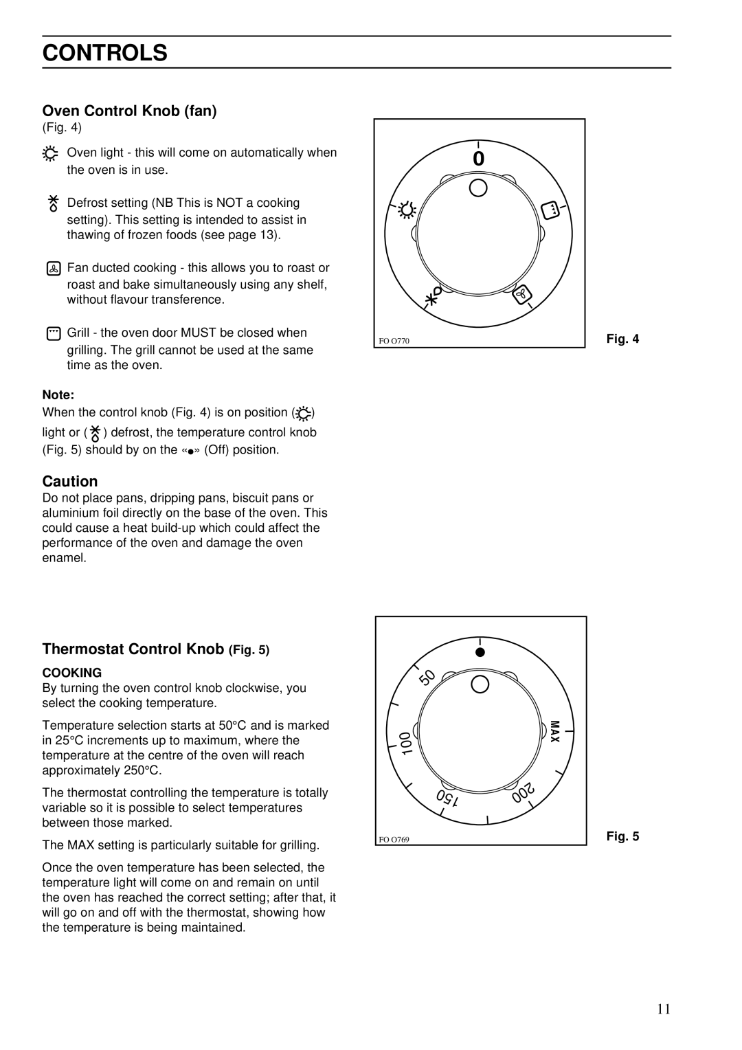 Zanussi ZSA 15 installation manual Controls, Oven Control Knob fan, Thermostat Control Knob Fig 