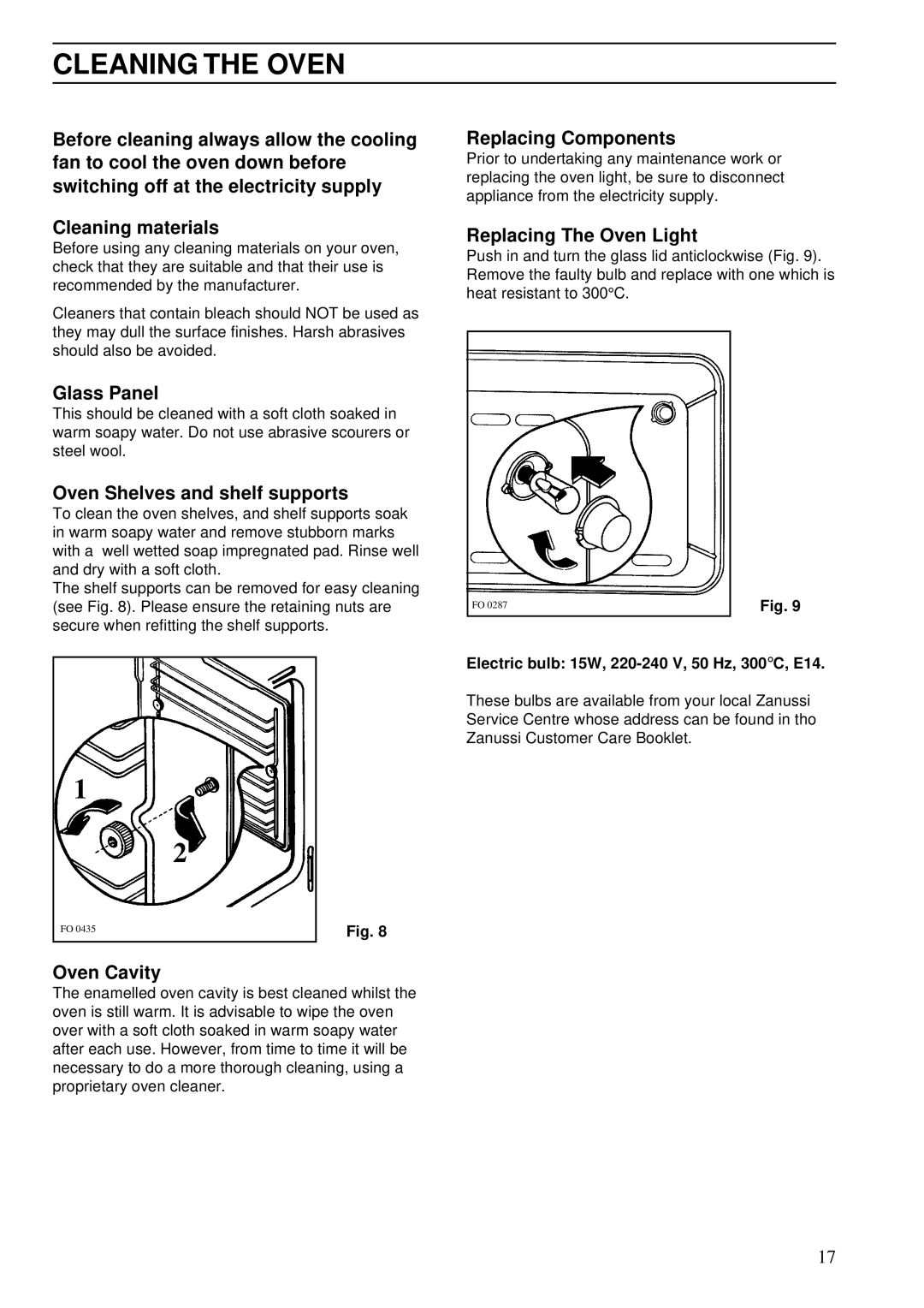 Zanussi ZSA 15 installation manual Cleaning the Oven 