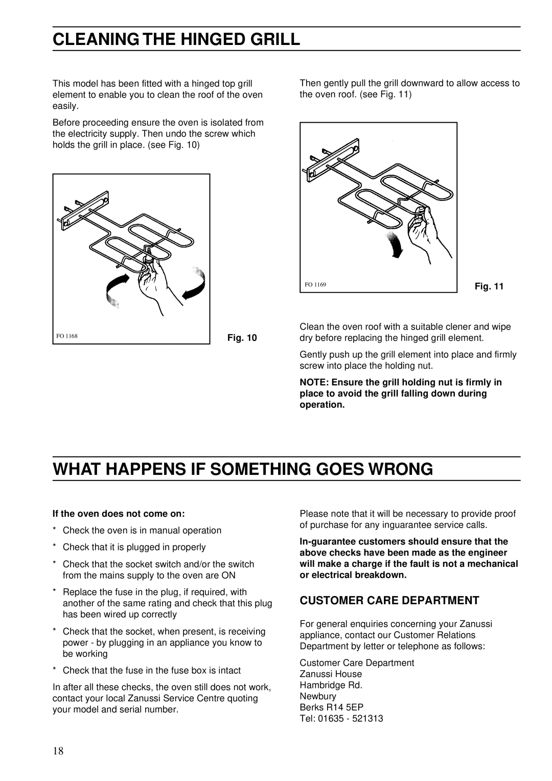 Zanussi ZSA 15 Cleaning the Hinged Grill, What Happens if Something Goes Wrong, Customer Care Department 